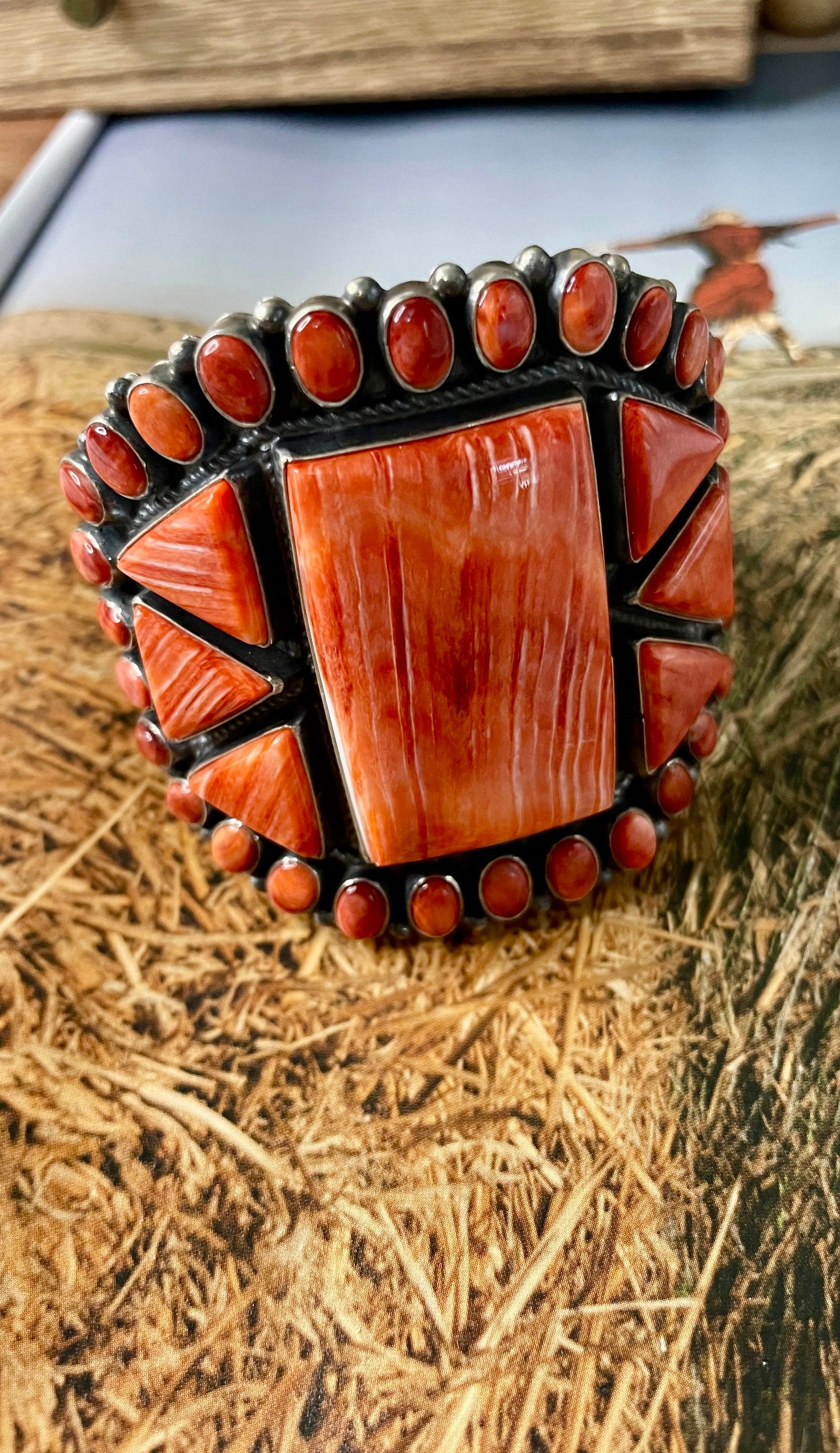 Anthony Skeets Navajo Natural Spiny Oyster & Sterling Silver Cuff Bracelet Signed