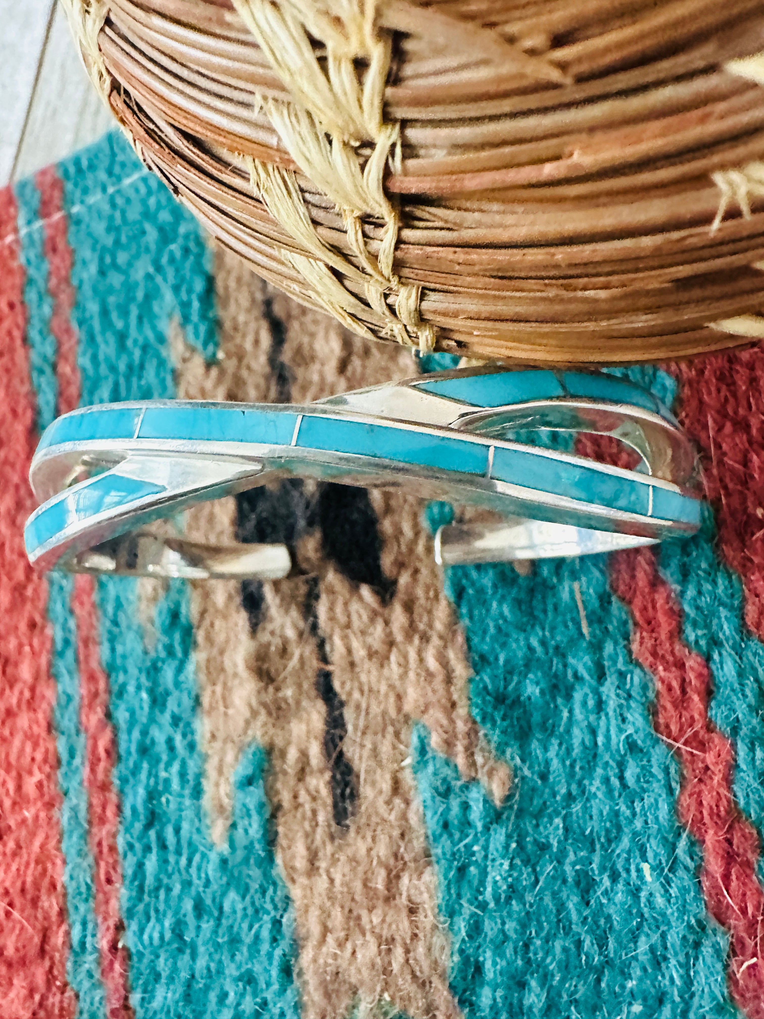 Handcrafted Turquoise & Sterling Silver Inlay Twist Cuff Bracelet /