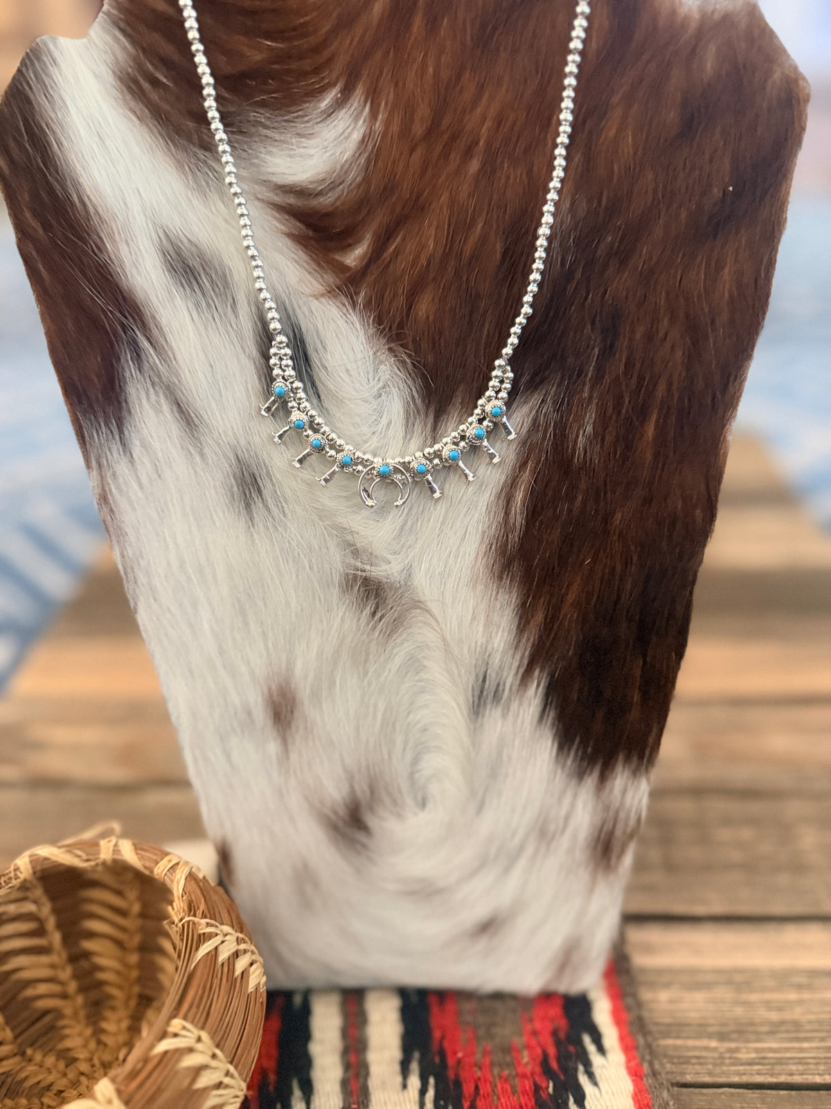 Handcrafted Turquoise & Sterling Silver Beaded Mini Squash Blossom Necklace