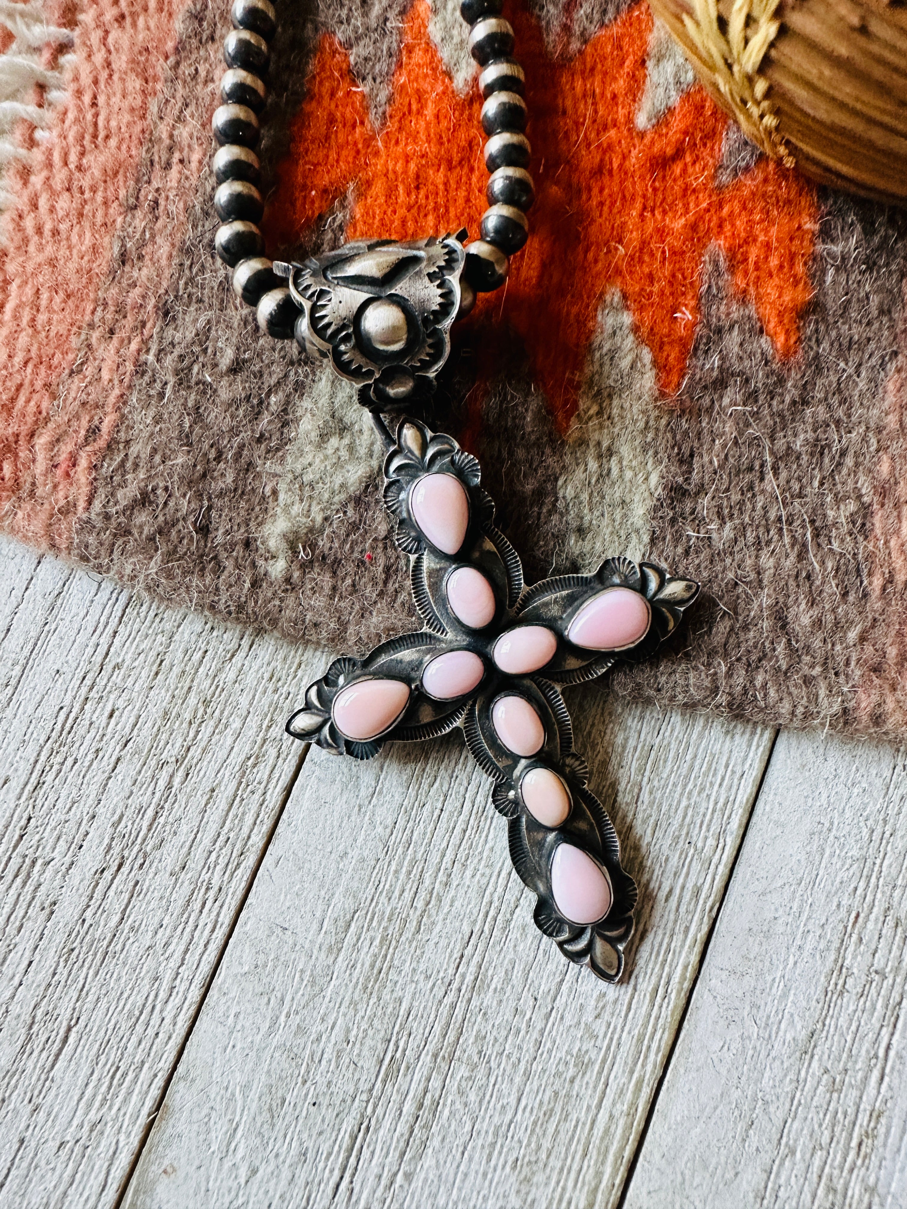 Navajo Queen Pink Conch Shell & Sterling Silver Cross Pendant