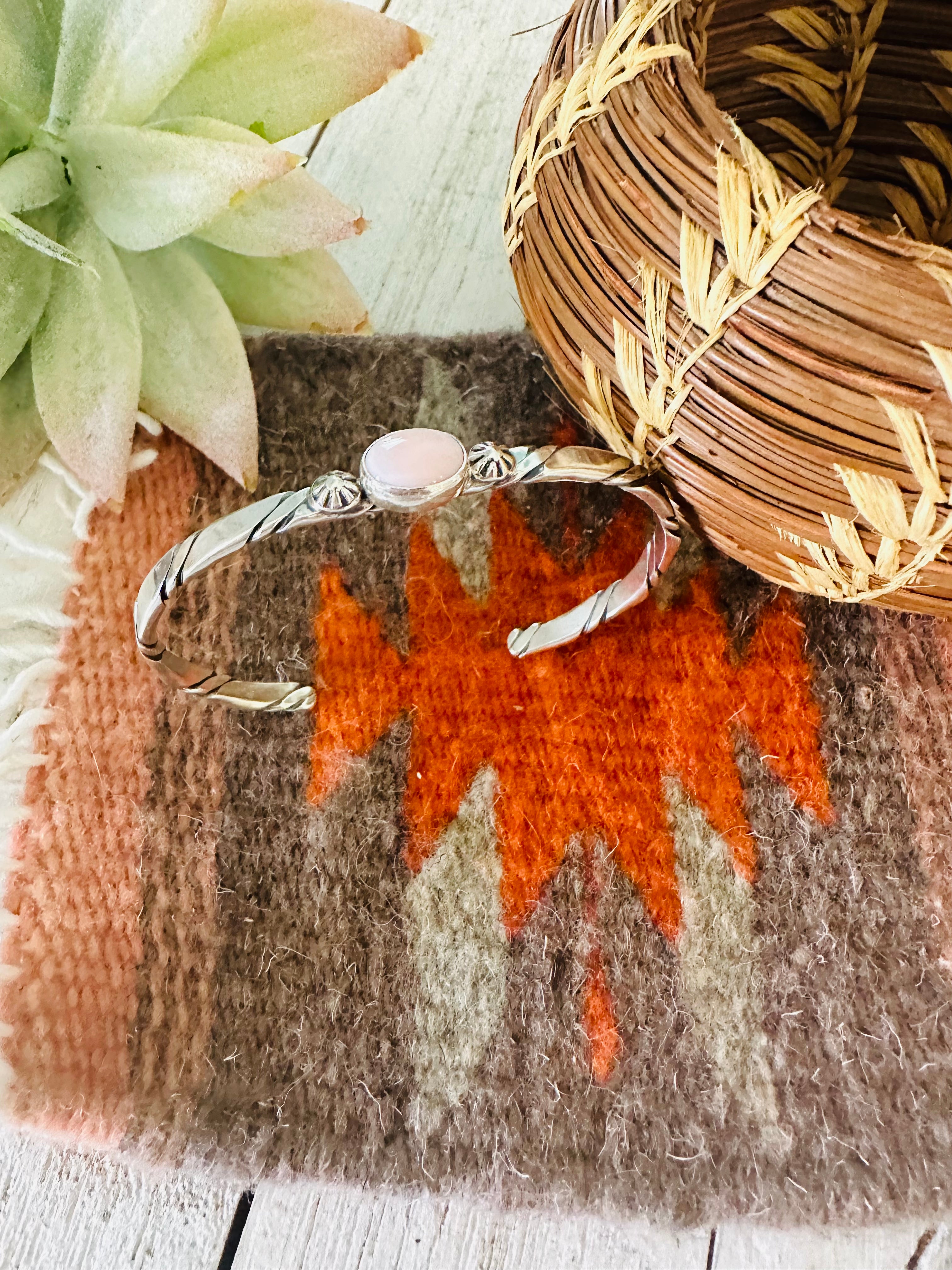 Navajo Queen Pink Conch Shell & Sterling Silver Cuff Bracelet