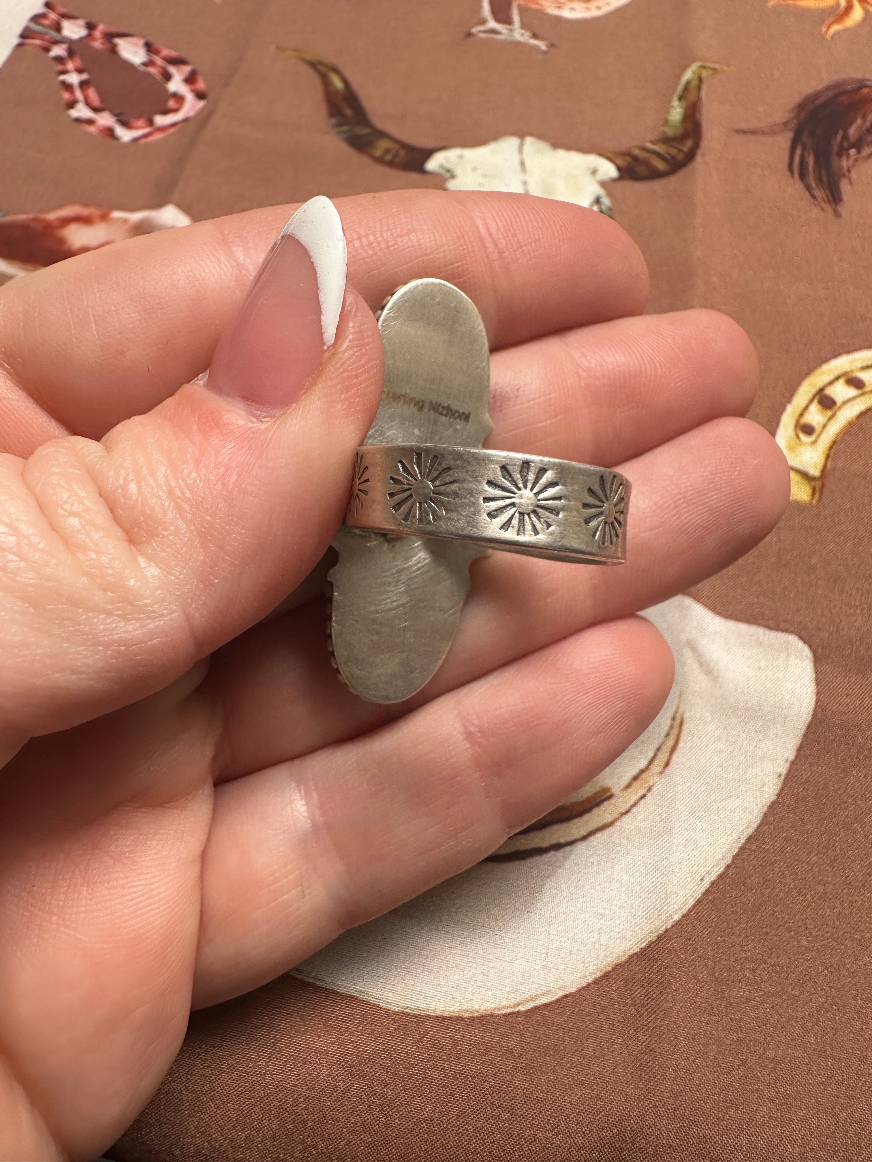 Beautiful Handmade Coral, Sonoran Turquoise And Sterling Silver Adjustable 3 STONE Ring