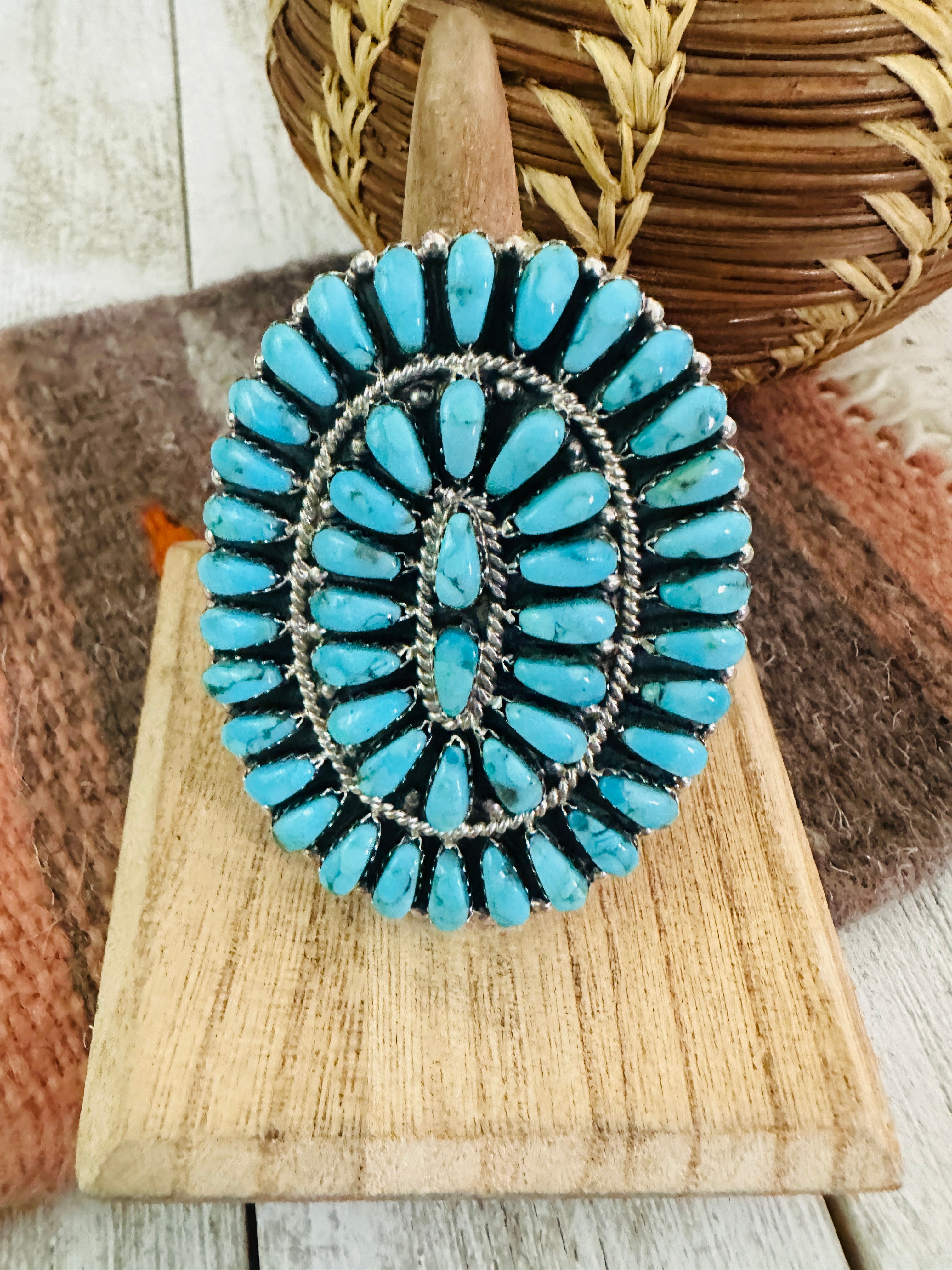 Navajo Turquoise & Sterling Silver Cluster Adjustable Ring