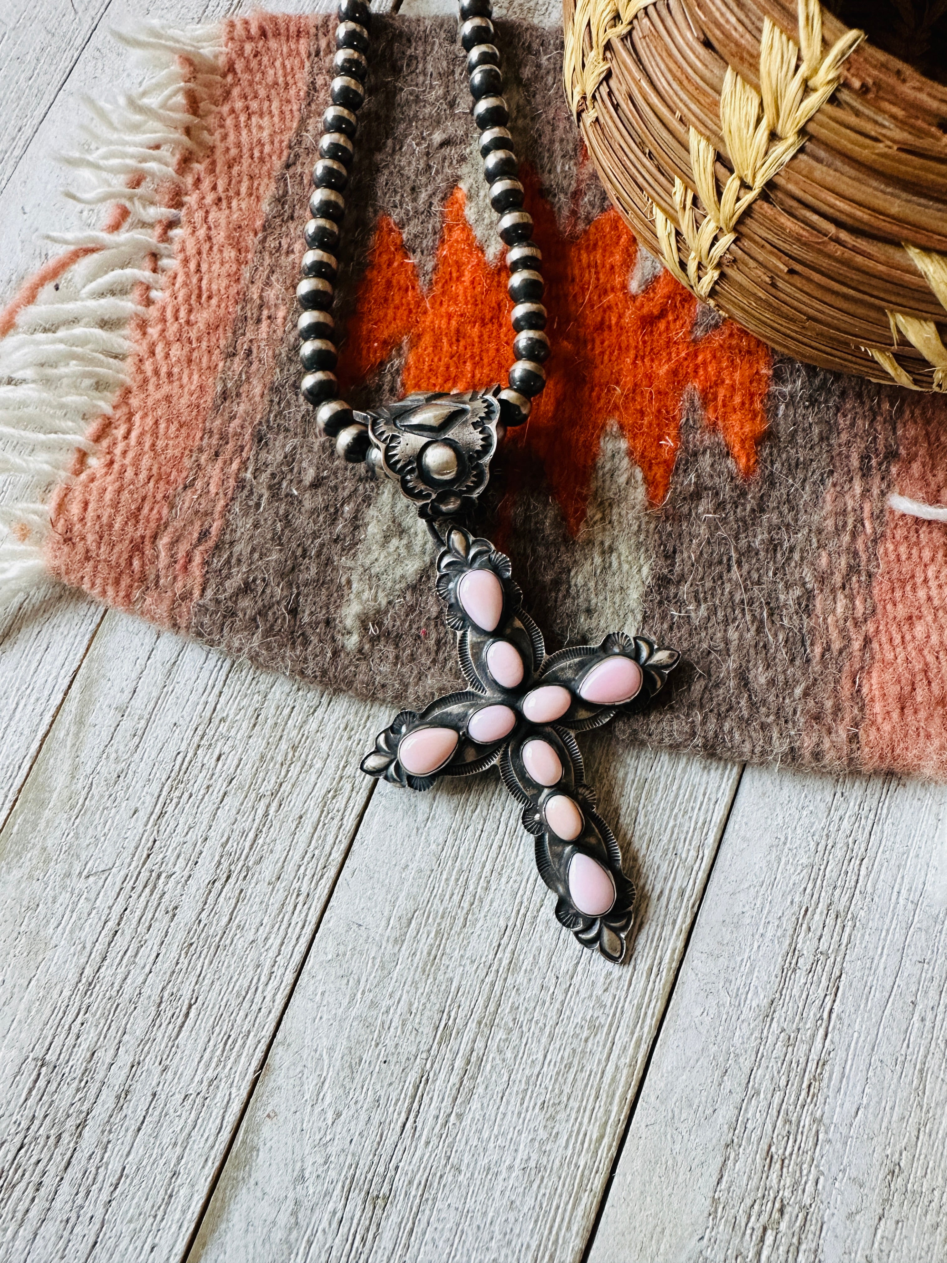 Navajo Queen Pink Conch Shell & Sterling Silver Cross Pendant