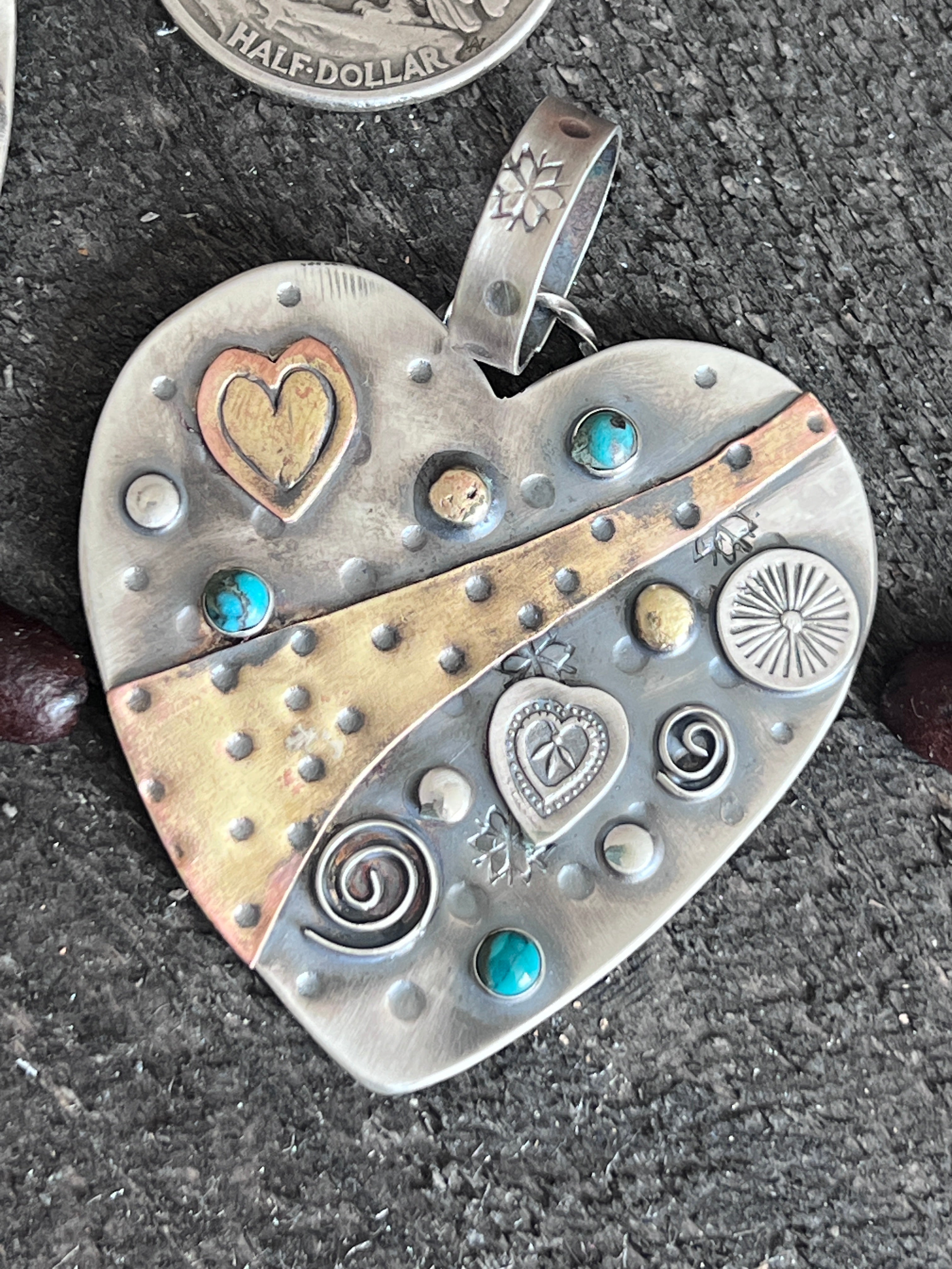 Hand Stamped Sterling Silver & Turquoise Heart Pendants w/ Brass Accents by Kimari Somers