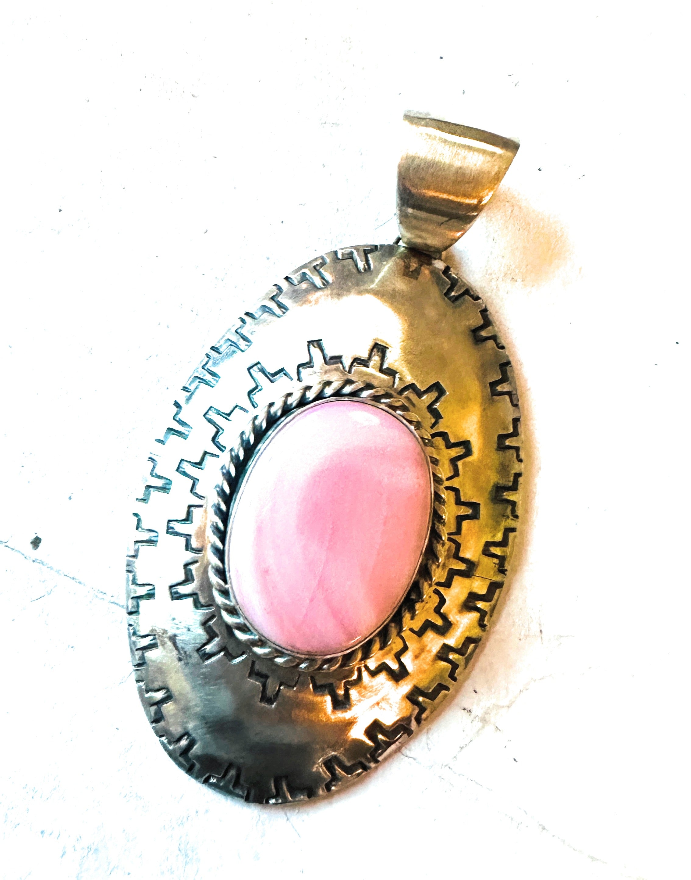 Navajo Queen Pink Conch Shell & Sterling Silver Concho Pendant