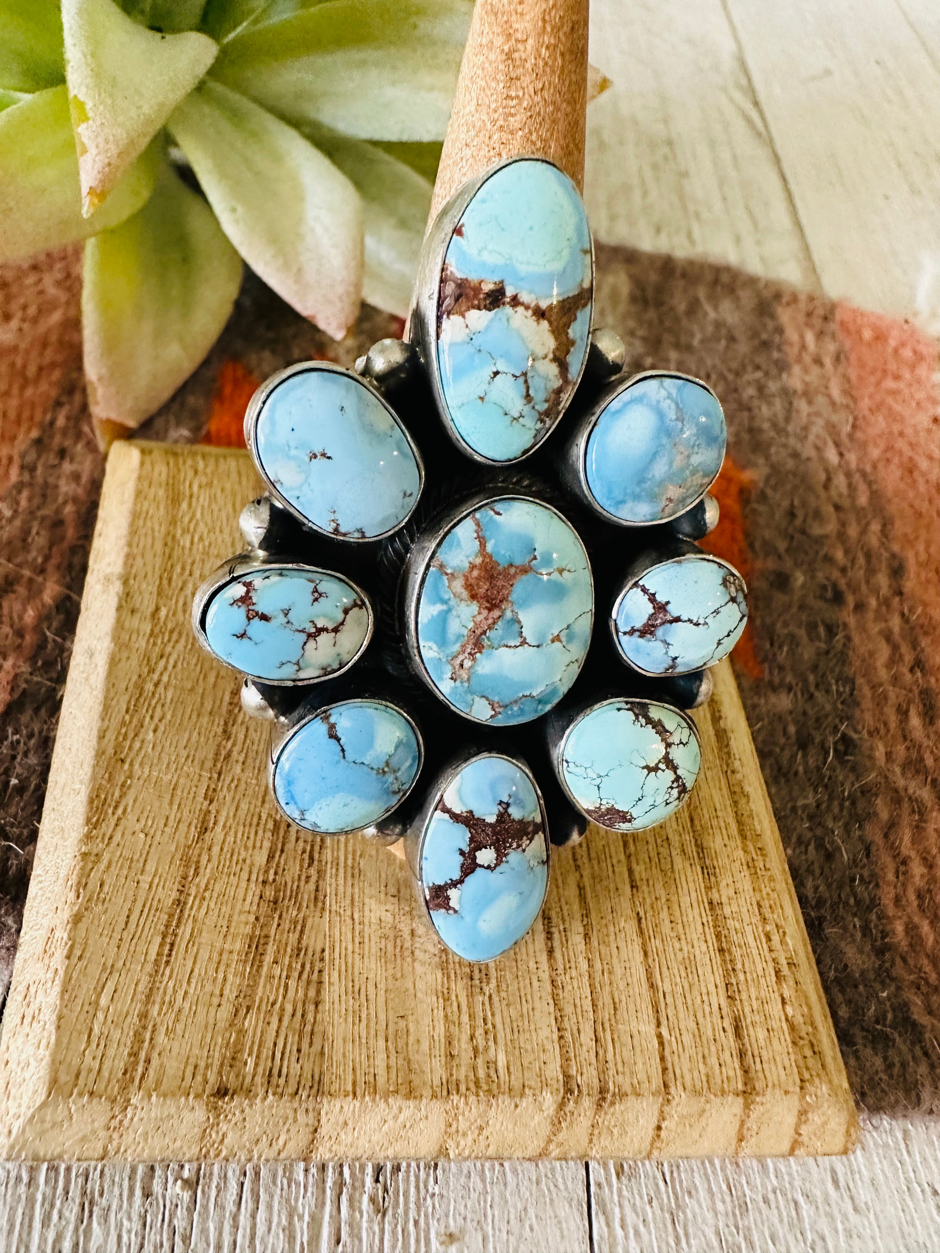 Navajo Golden Hills Turquoise & Sterling Silver Cluster Ring Size 9