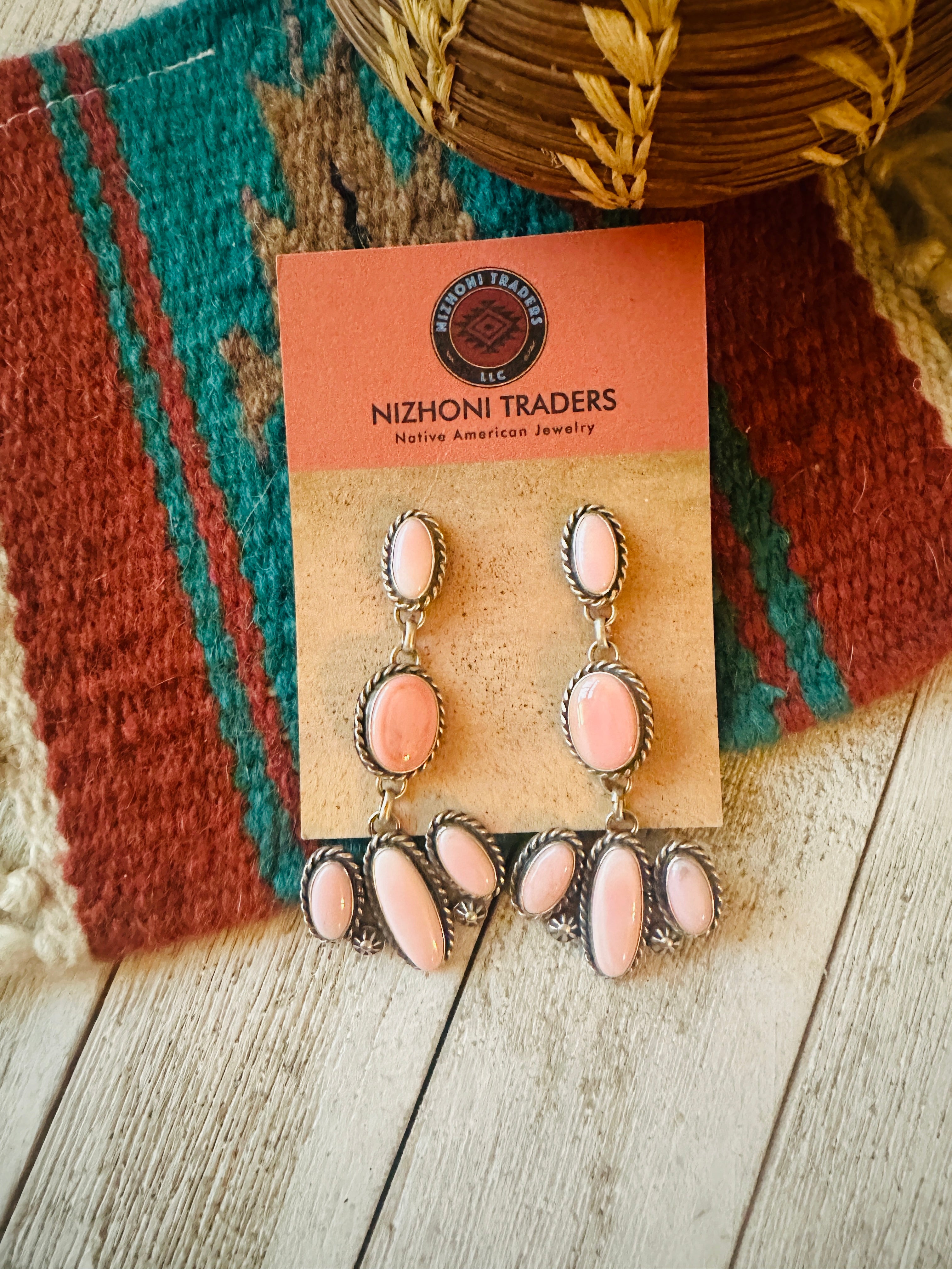 Navajo Queen Pink Conch & Sterling Silver Dangle Earrings