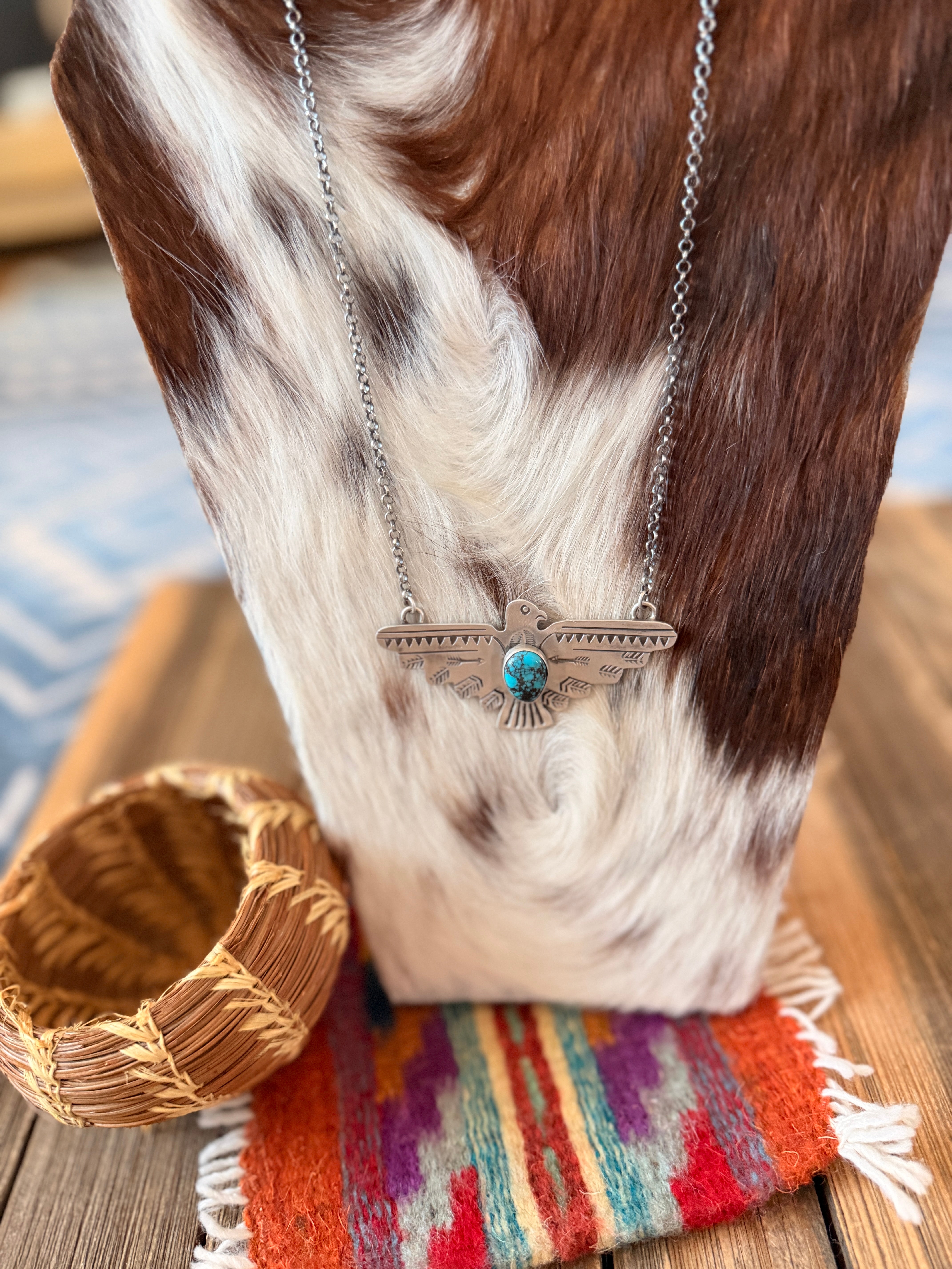 Handcrafted Turquoise & Sterling Silver Thunderbird Necklace by Russell Sam