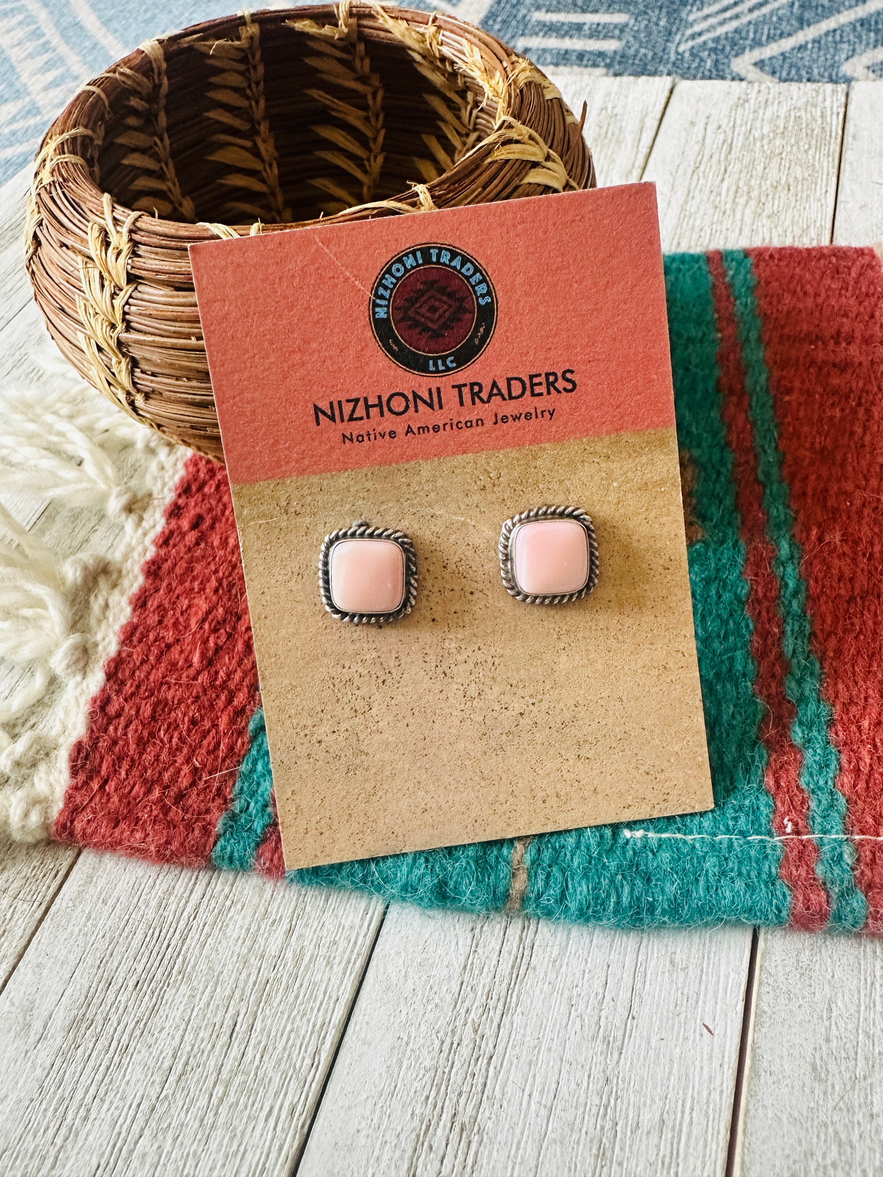 Navajo Sterling Silver & Queen Pink Conch Square Stud Earrings