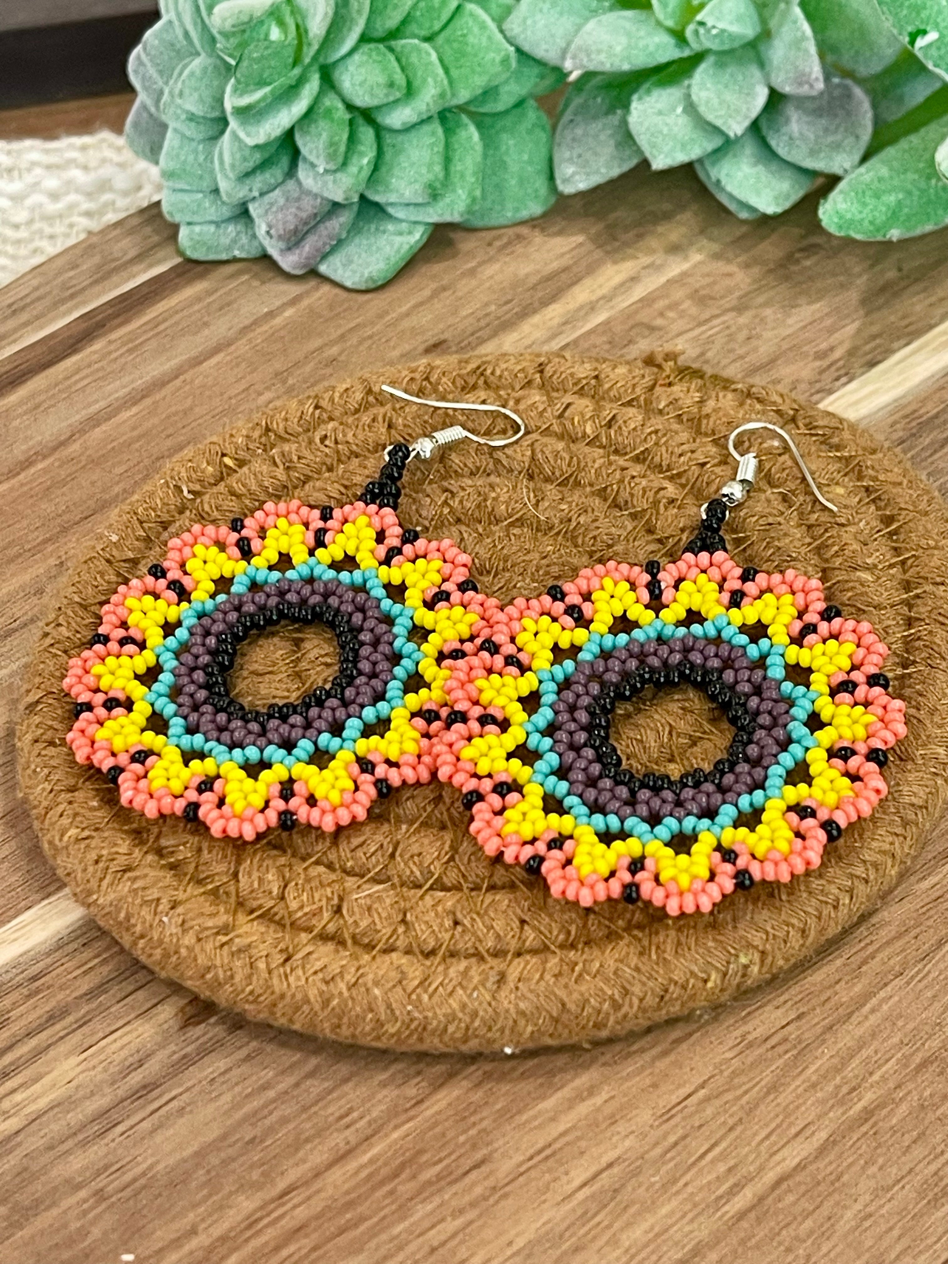 Handmade In Mexico Sterling Silver  , Multi Color Dangle Beaded Earrings