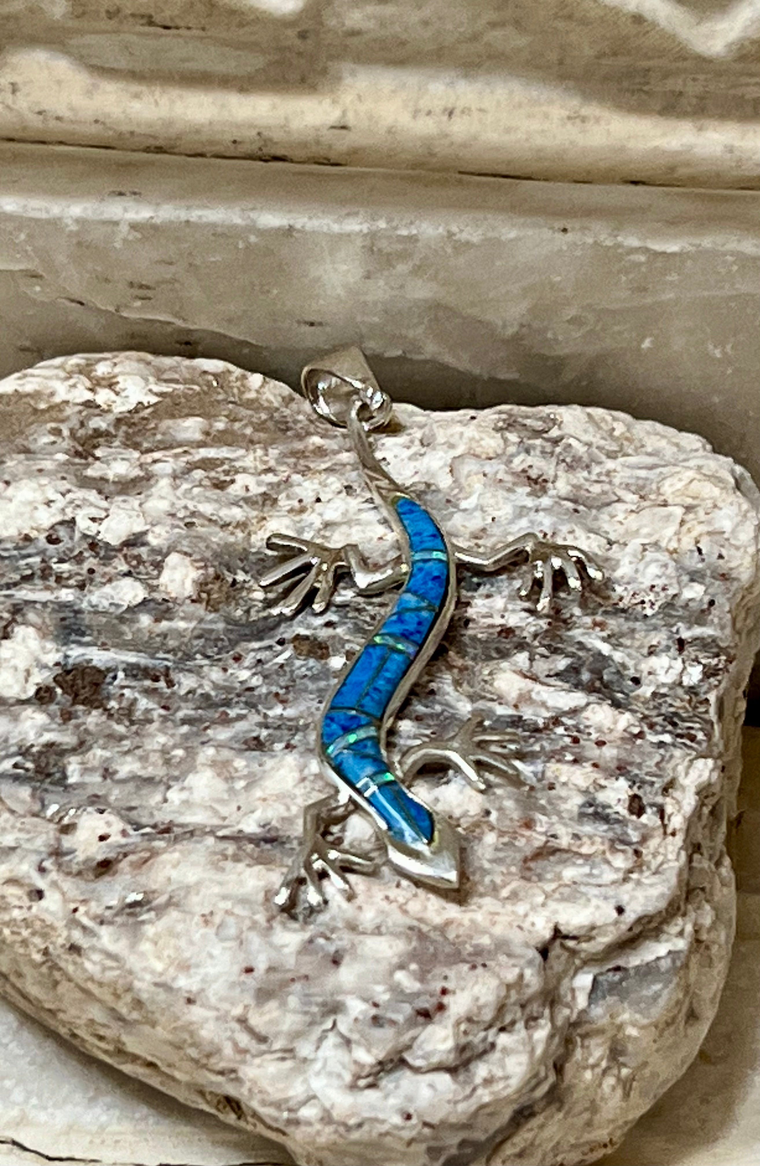 Lapis Lizard 925 Sterling Silver Pendant USA Handmade with Opal Accent