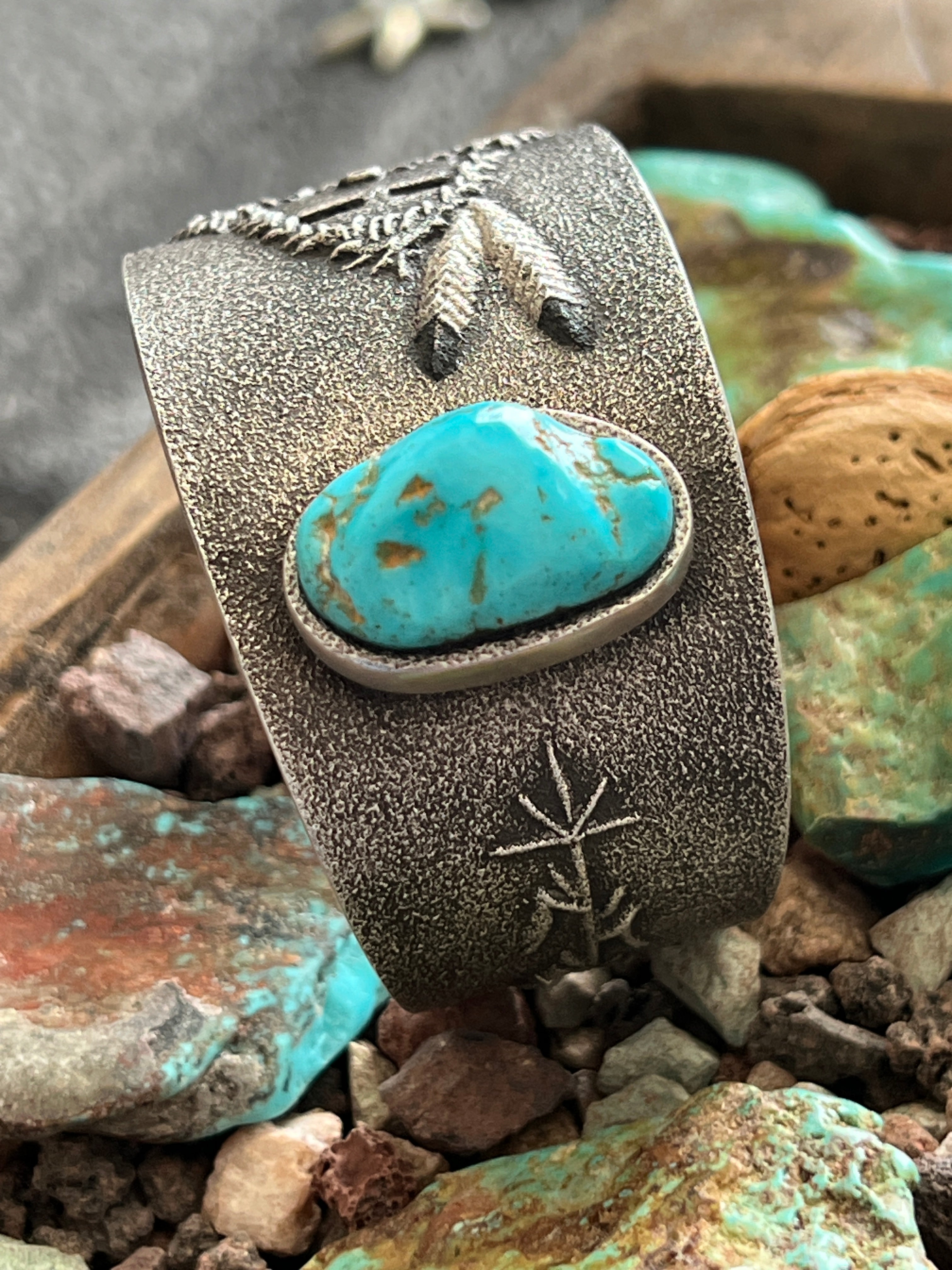 Navajo Tufa Cast Sterling Mudhead Cuff Bracelet with Kingman Turquoise by Lee Begay