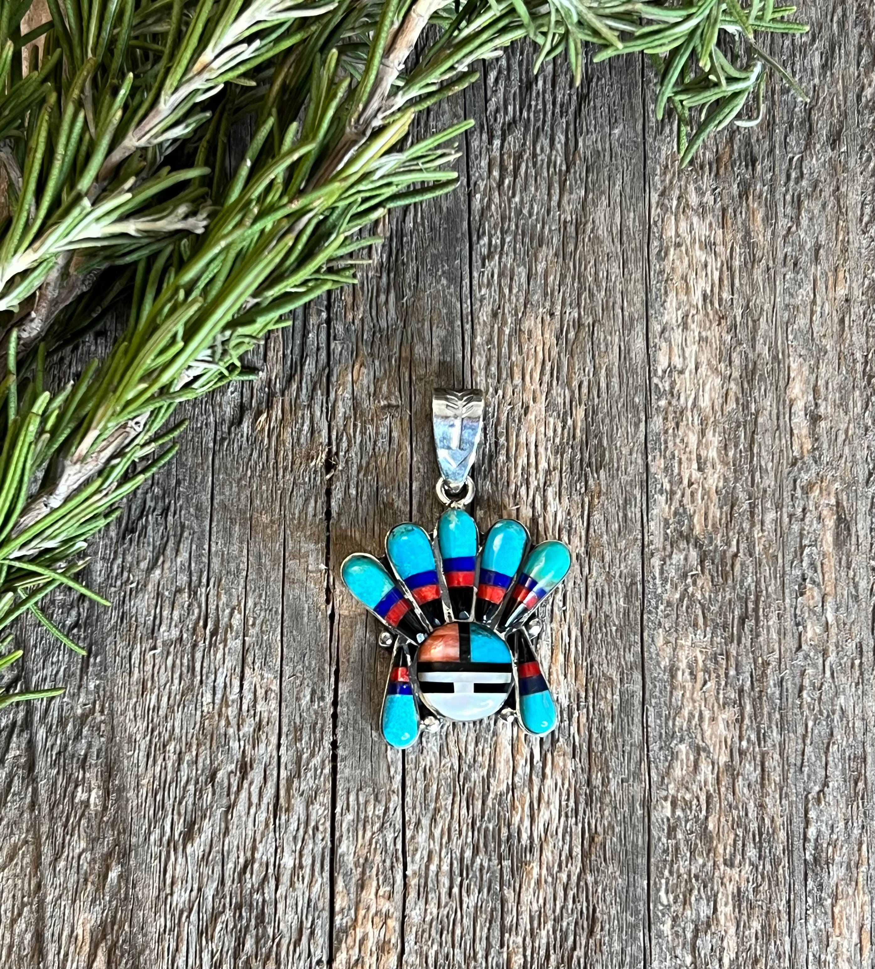Handmade Turquoise MultiStone Inlay Sterling Silver Sun Face Pendant