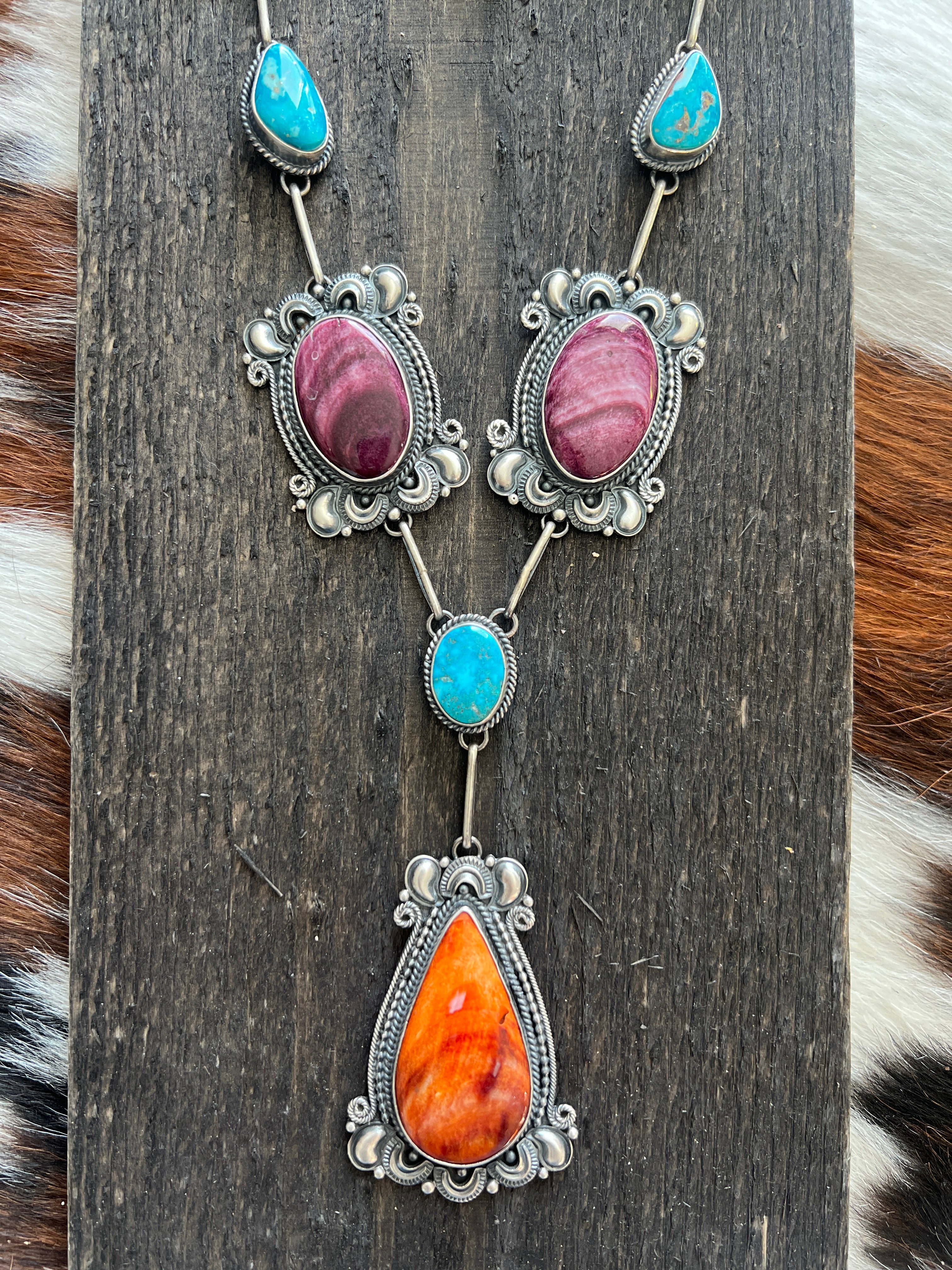 Handcrafted Sterling Silver, Spiny Oyster and Turquoise Link and Bead Necklace and Earrings Set by Derrick Gordon