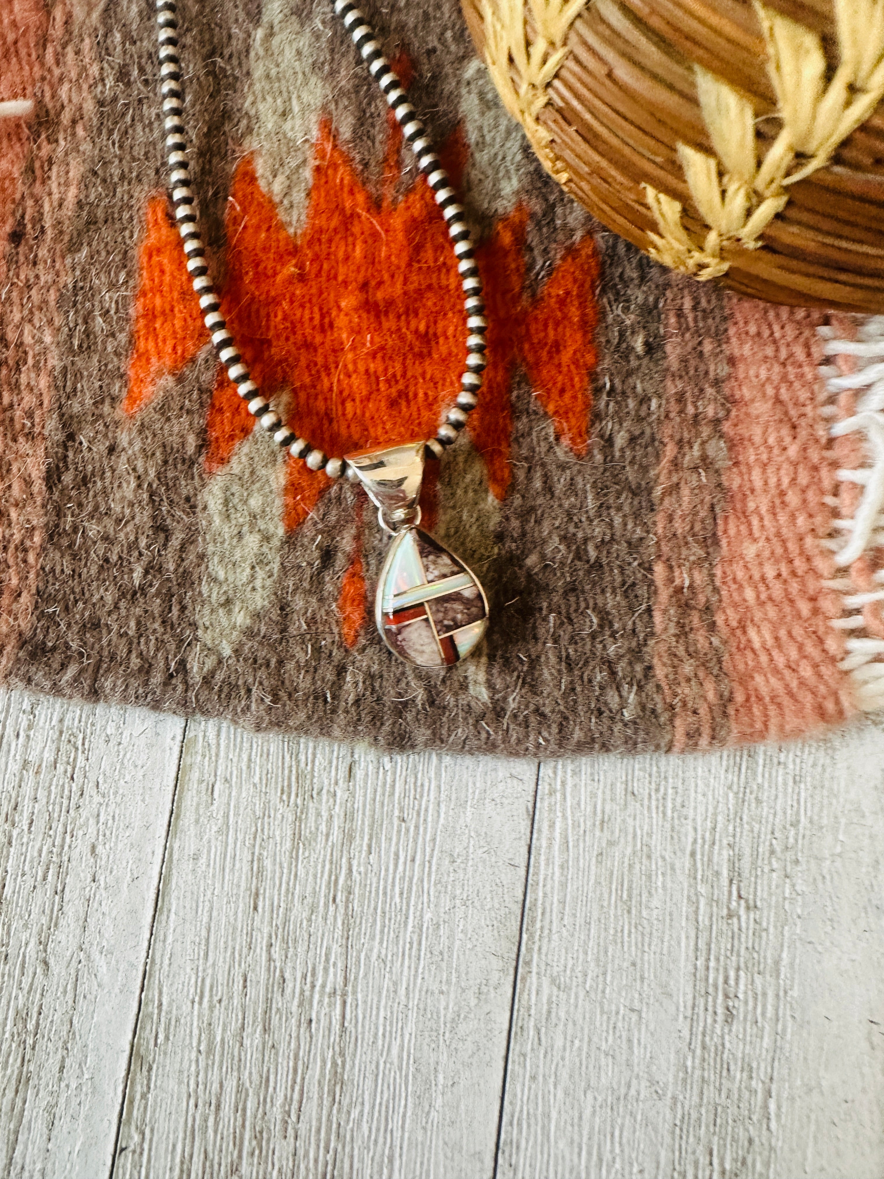 Navajo Multi Stone & Sterling Silver Inlay Teardrop Pendant