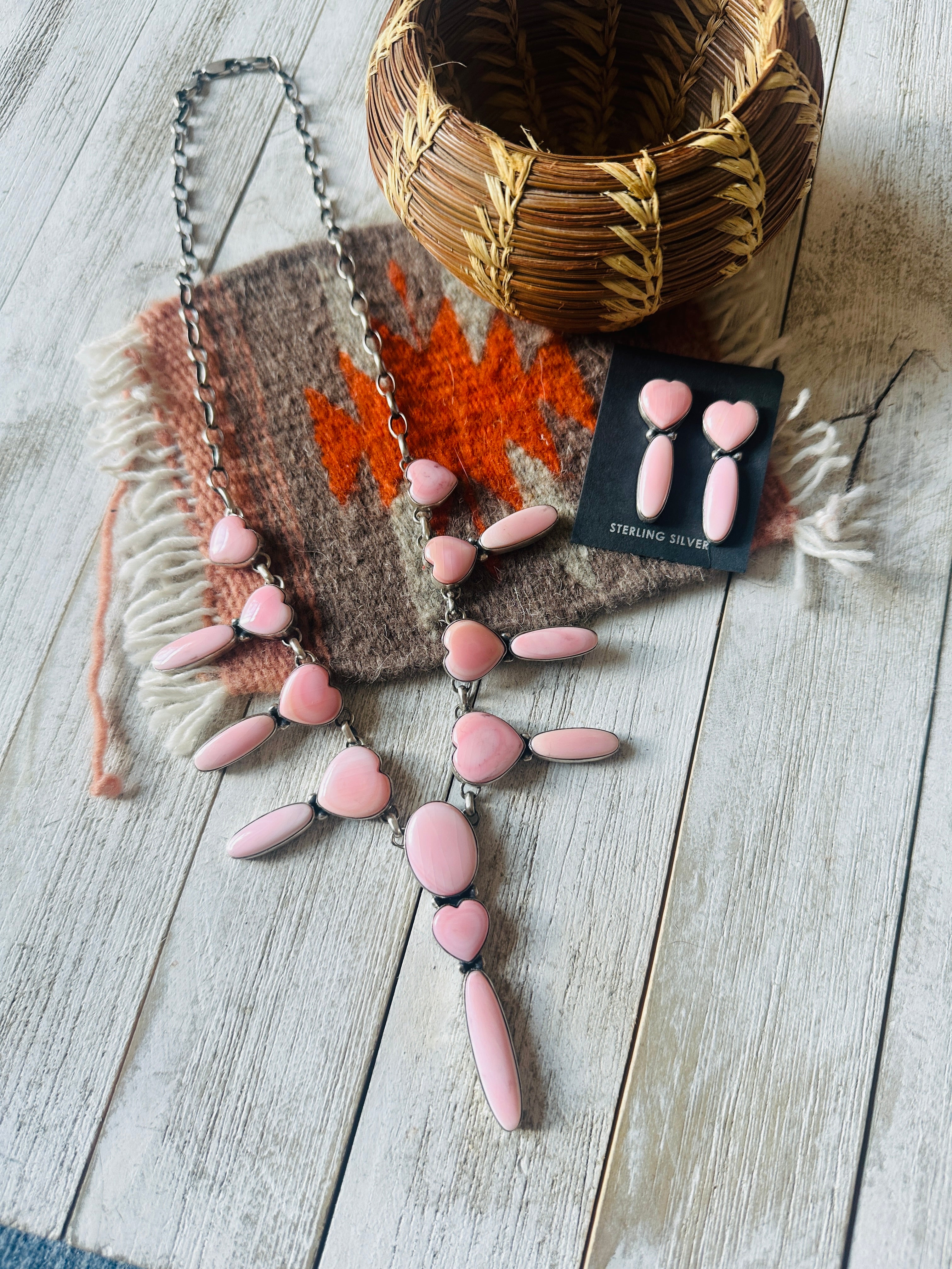 Navajo Queen Pink Conch & Sterling Silver Heart Necklace Set