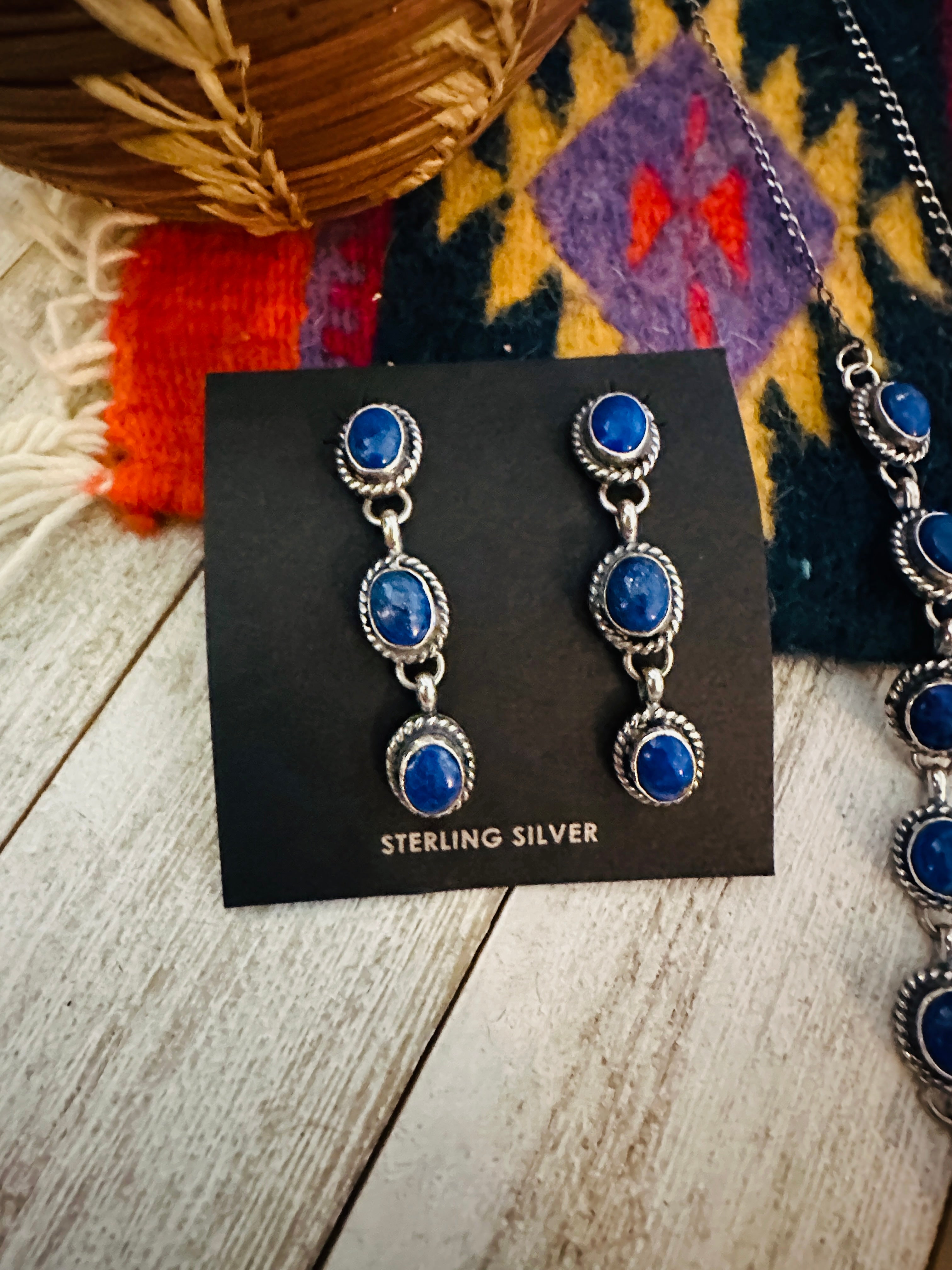 Navajo Sterling Silver & Lapis Lariat Necklace Set