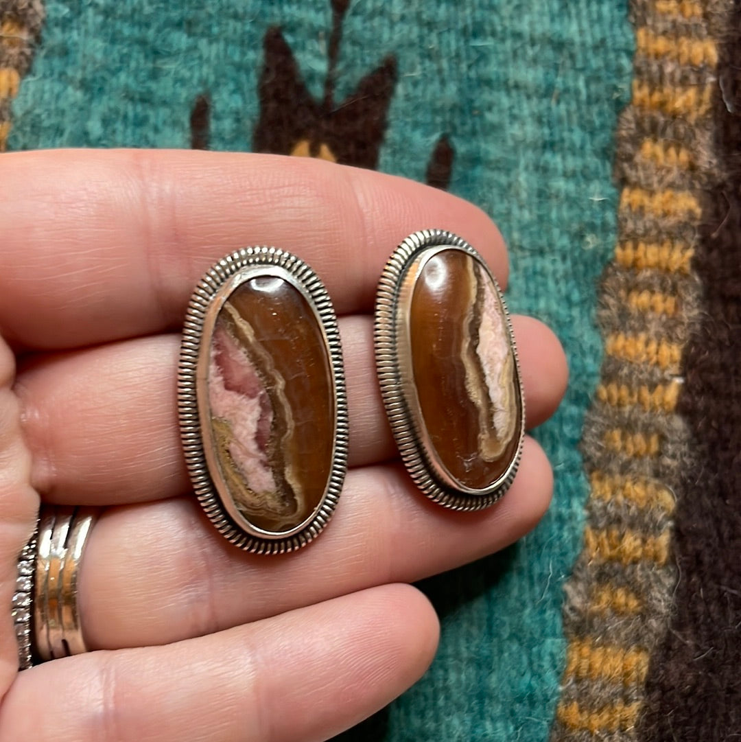 Navajo Sterling Silver & Rhodochrosite Stone Post Earrings