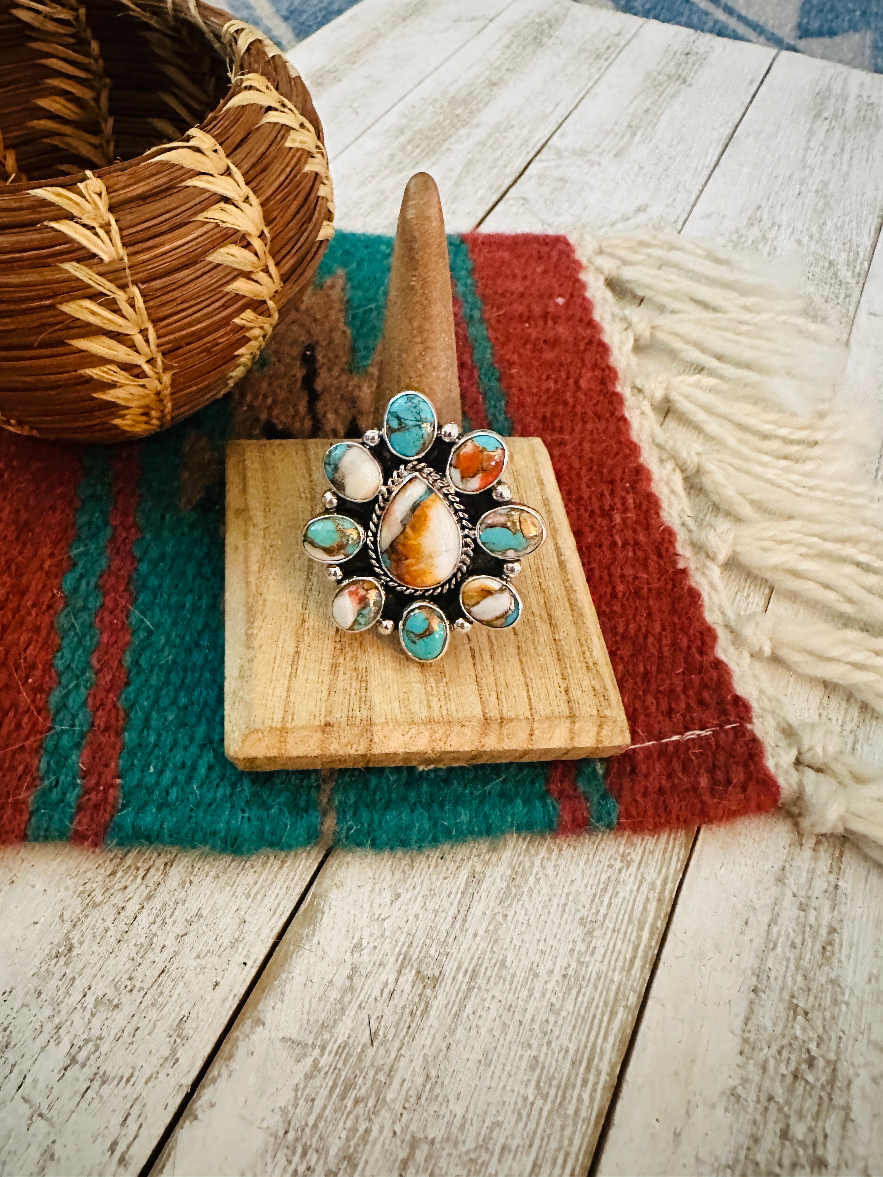 Navajo Sterling Silver & Multi Stone Spice Cluster Adjustable Ring