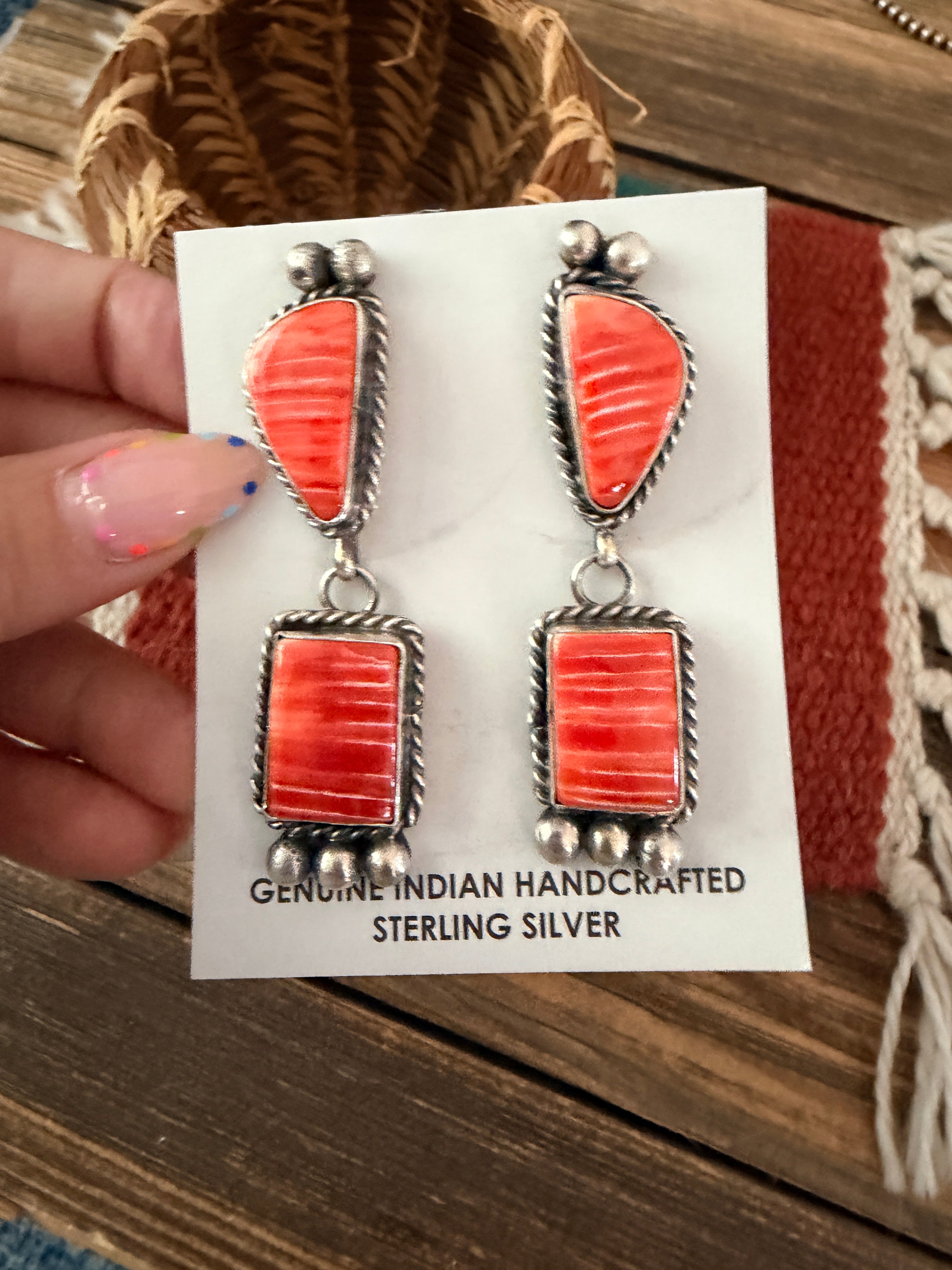 Handcrafted Sterling Silver & Spiny Oyster Dangle Earrings by Vicky Hicks