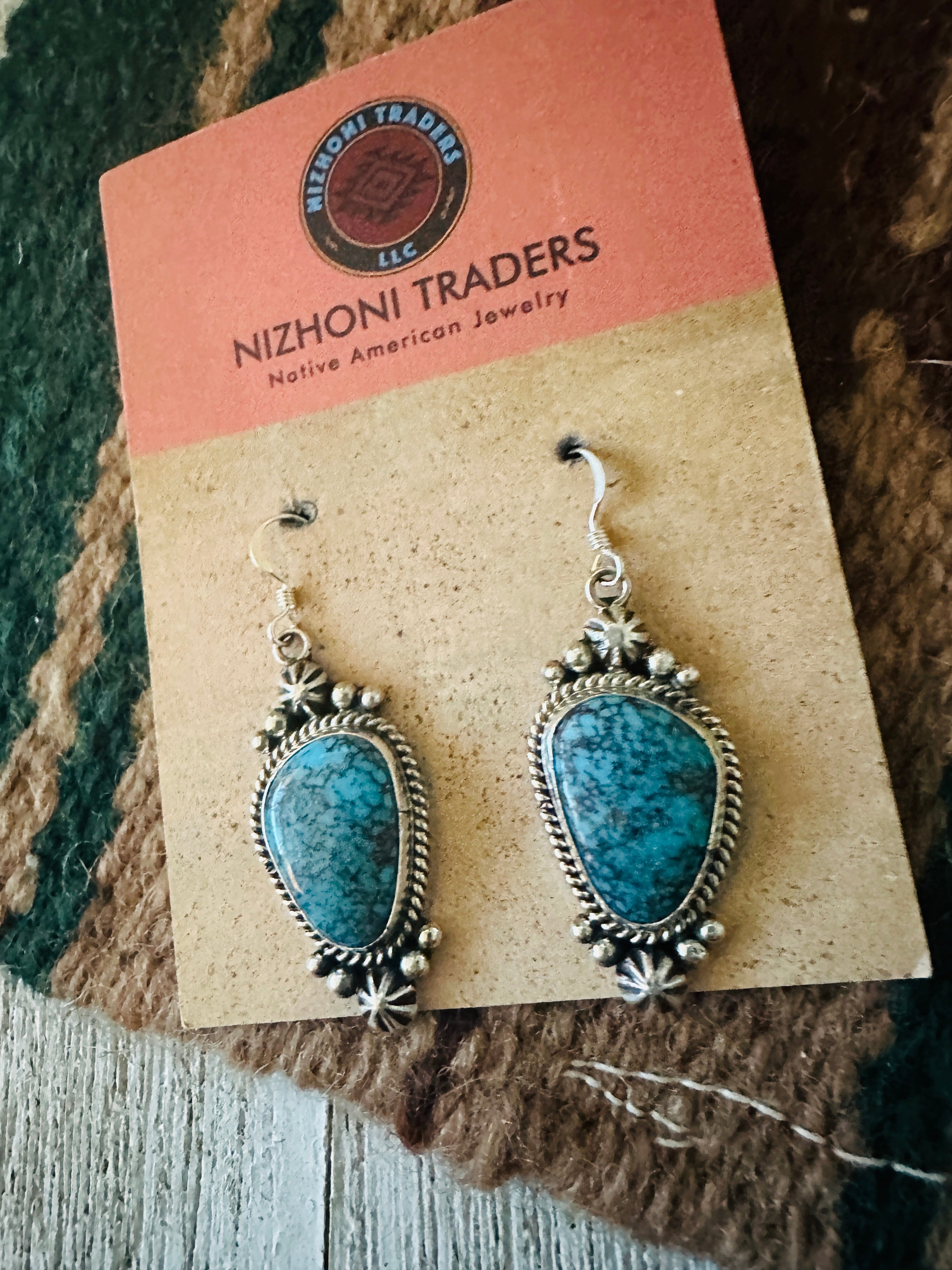 Navajo Kingman Web Turquoise and Sterling Silver Dangle Earrings