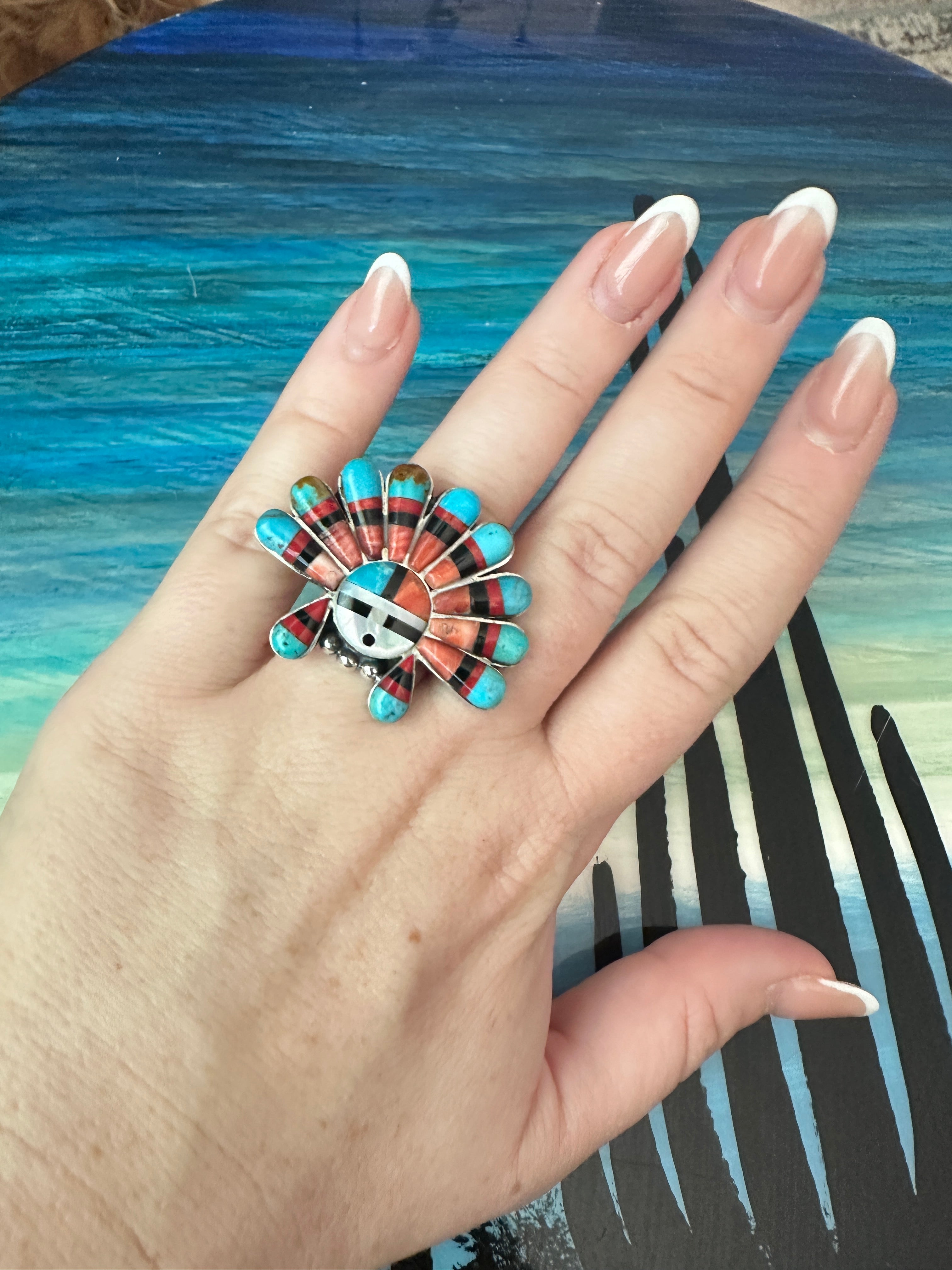 Handmade Multi Stone Southwestern Sunface And Sterling Silver Adjustable Ring