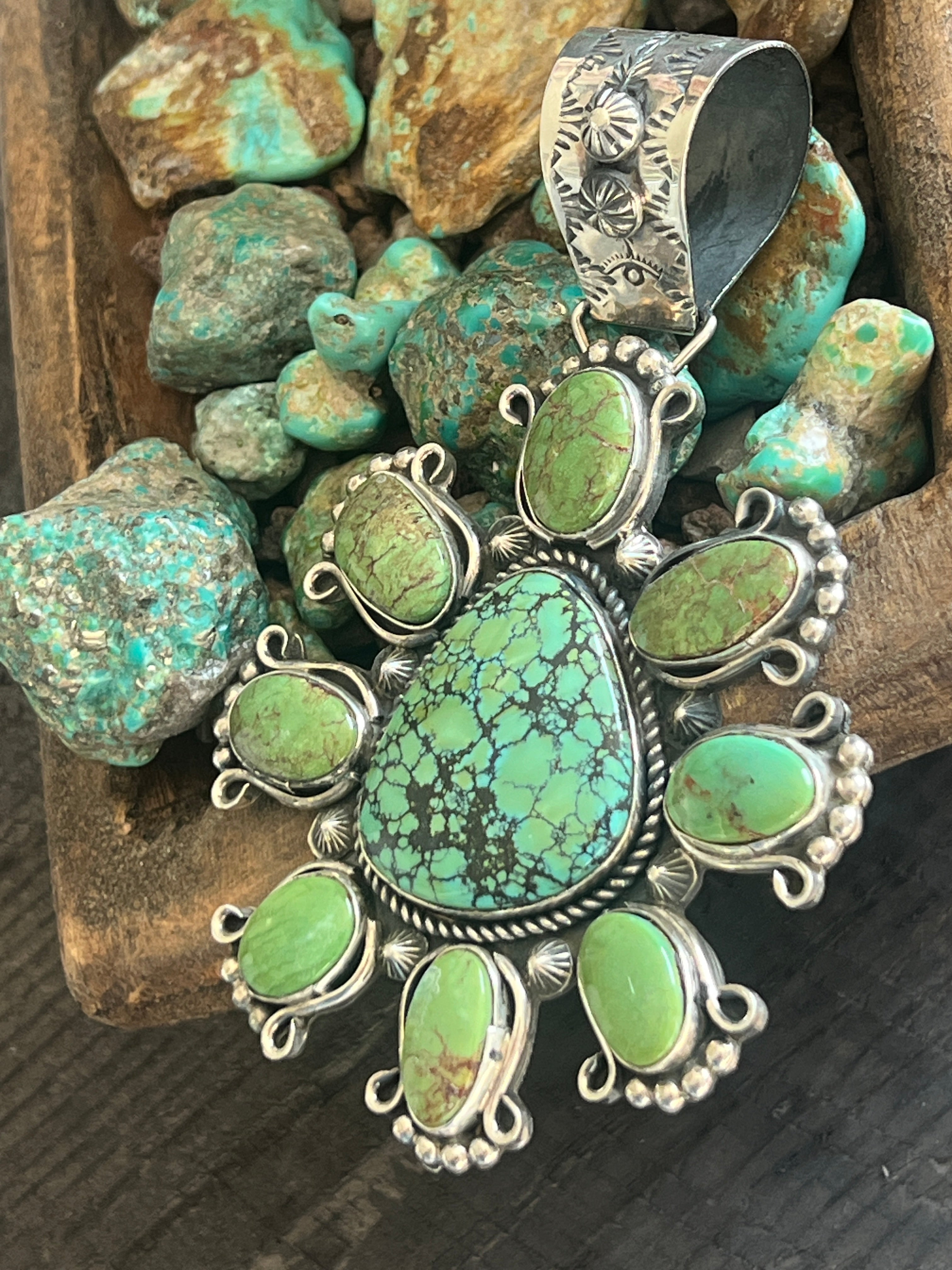 Sterling Silver, Hubei & Egyptian Turquoise Cluster Pendant by Rosella Paxson