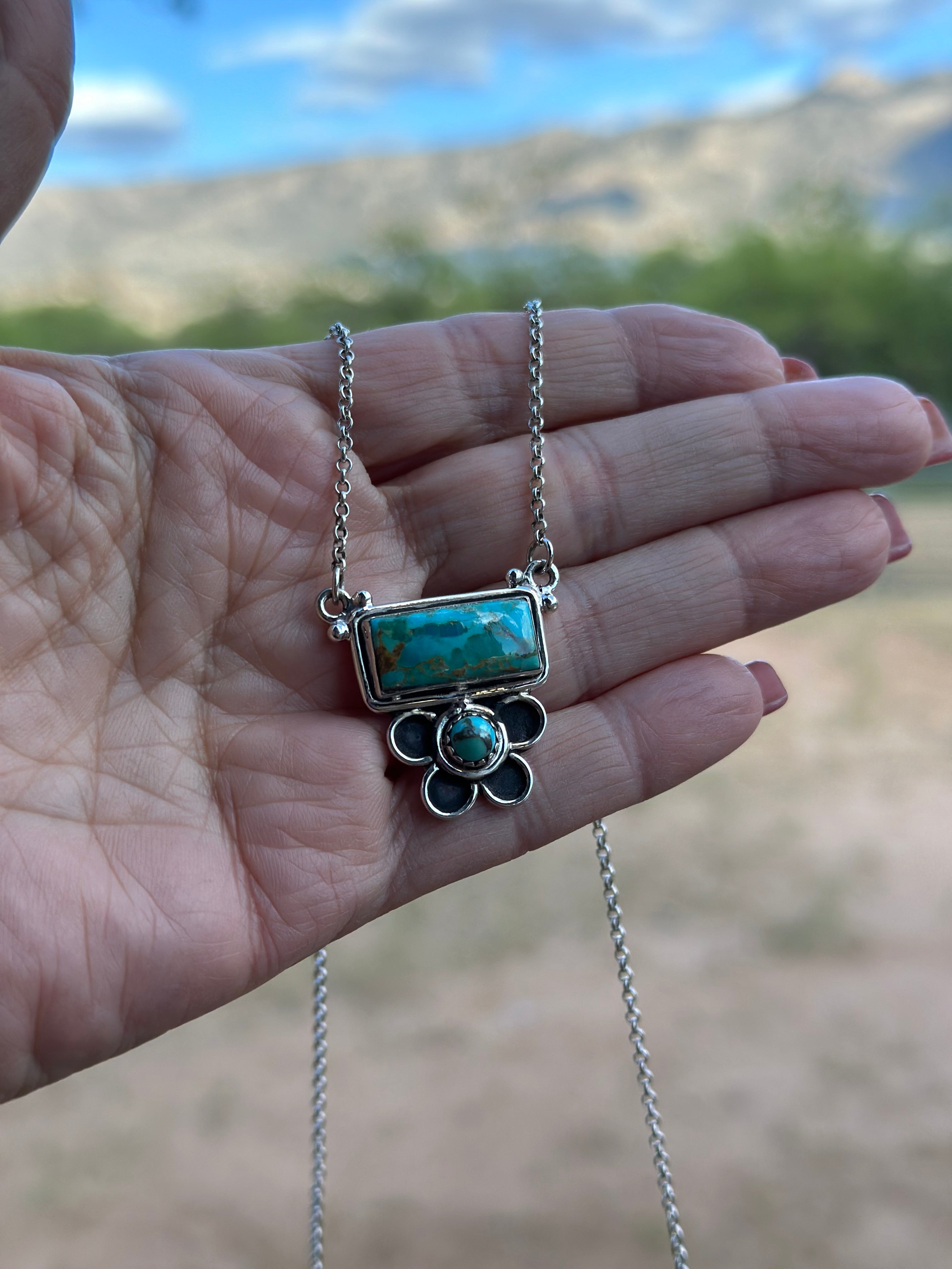 Sterling Silver and Royston Turquoise Flower Bar Necklace