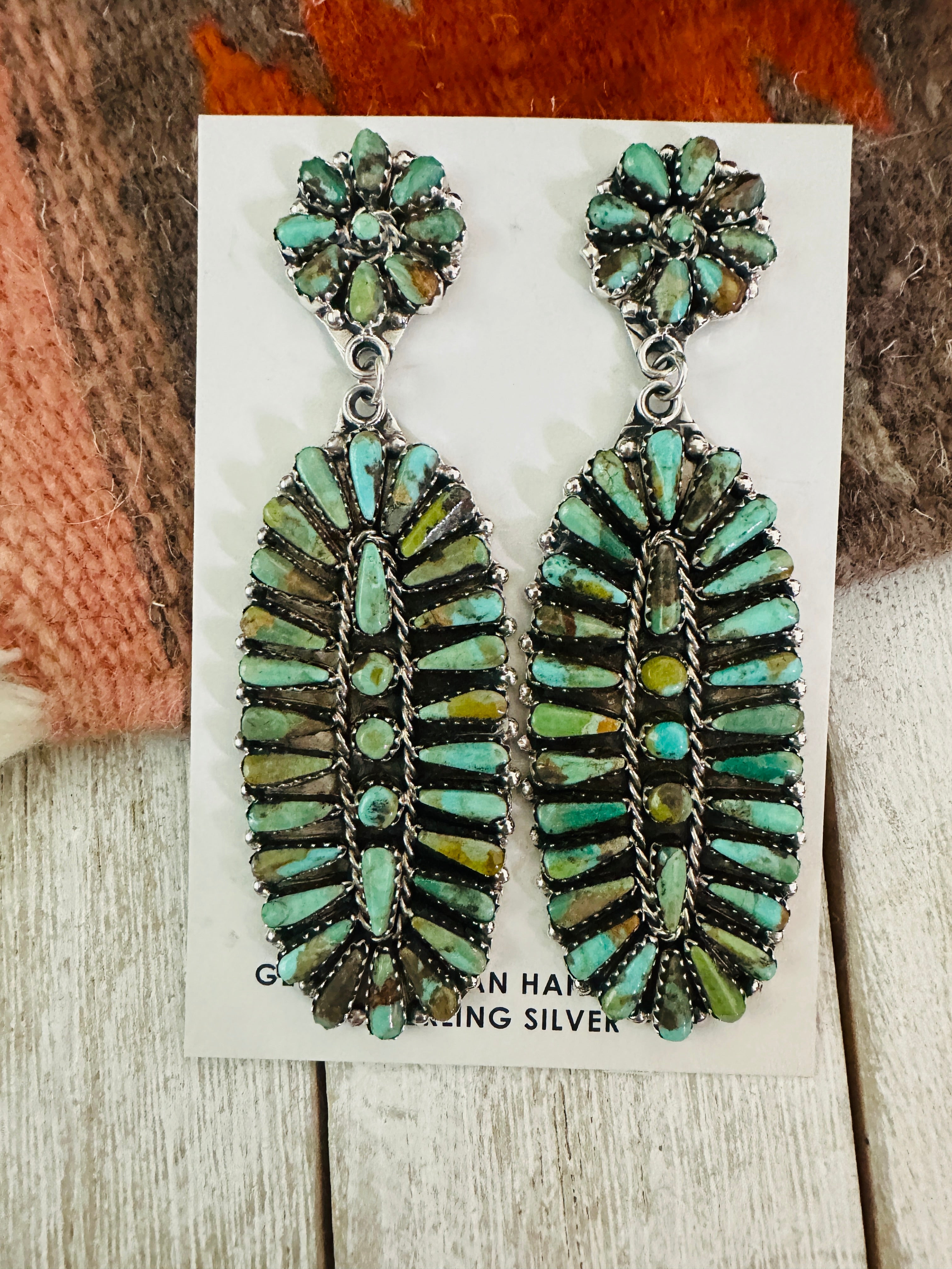 Navajo Royston Turquoise & Sterling Silver Cluster Dangle Earrings