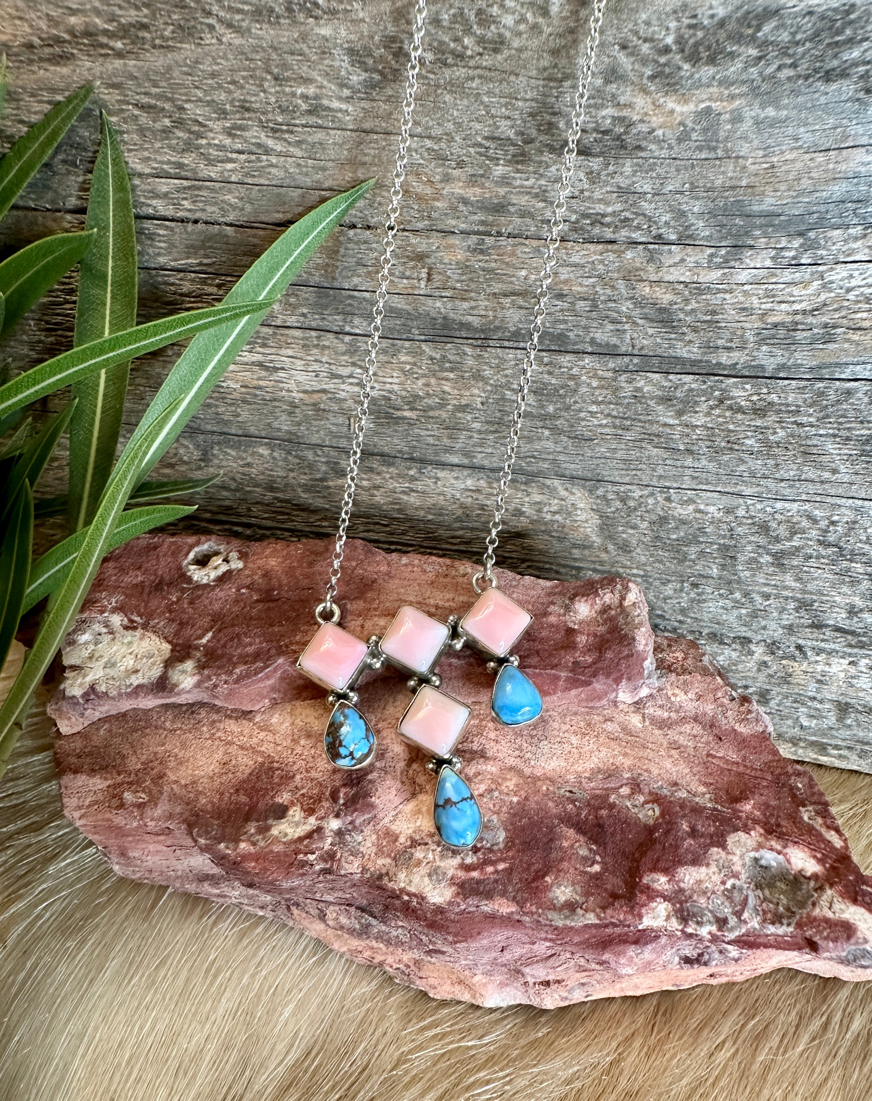 Handmade Golden Hills & Pink Conch Sterling Silver Necklace