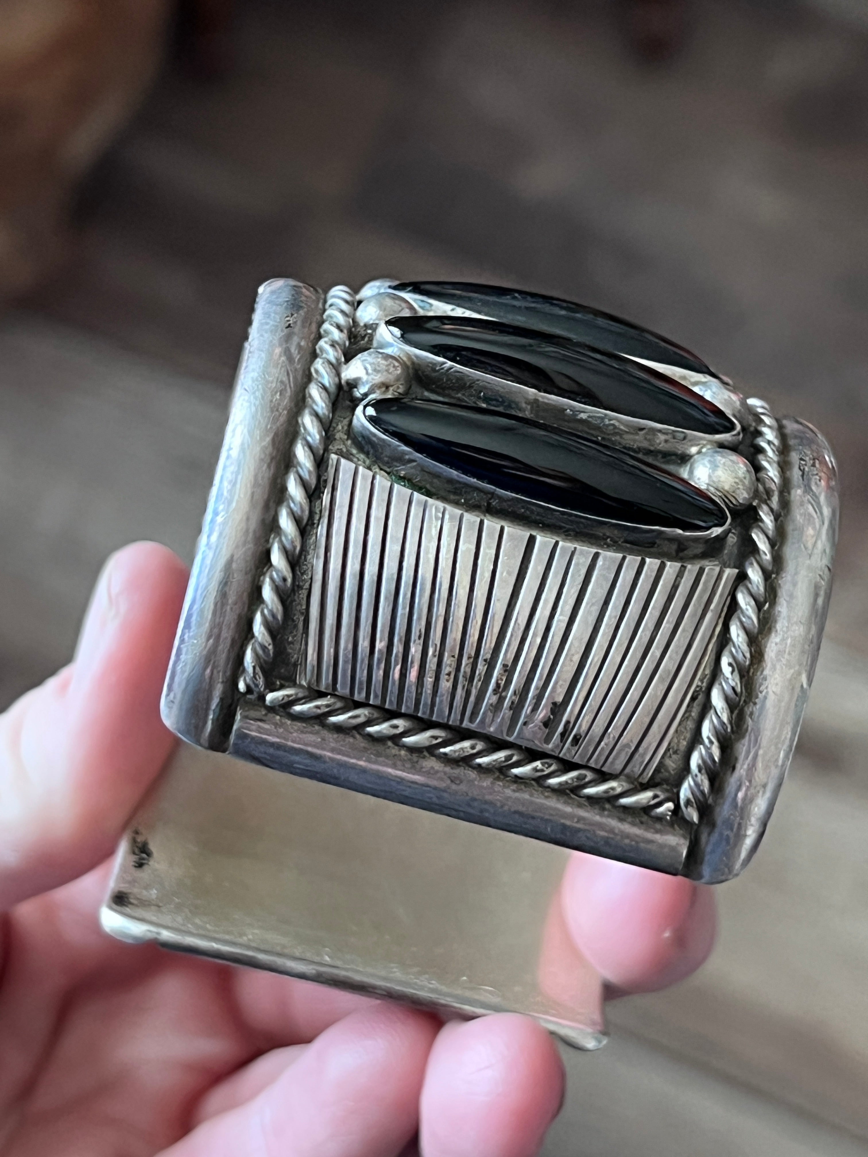 Old Pawn Sterling Silver and Black Onyx Cuff Bracelet by Tommy Moore