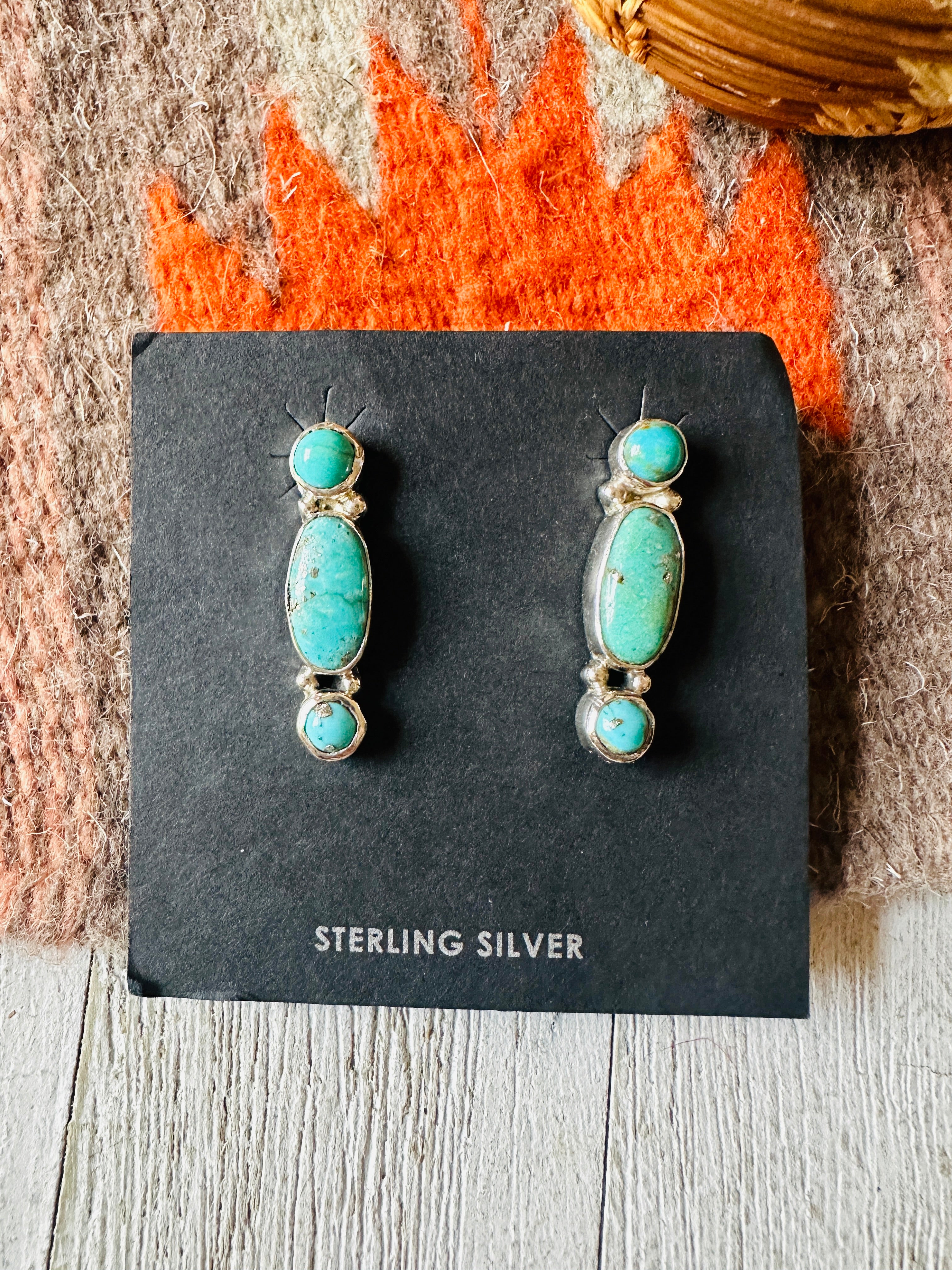 Navajo 3-Stone Turquoise And Sterling Silver Dangle Earrings