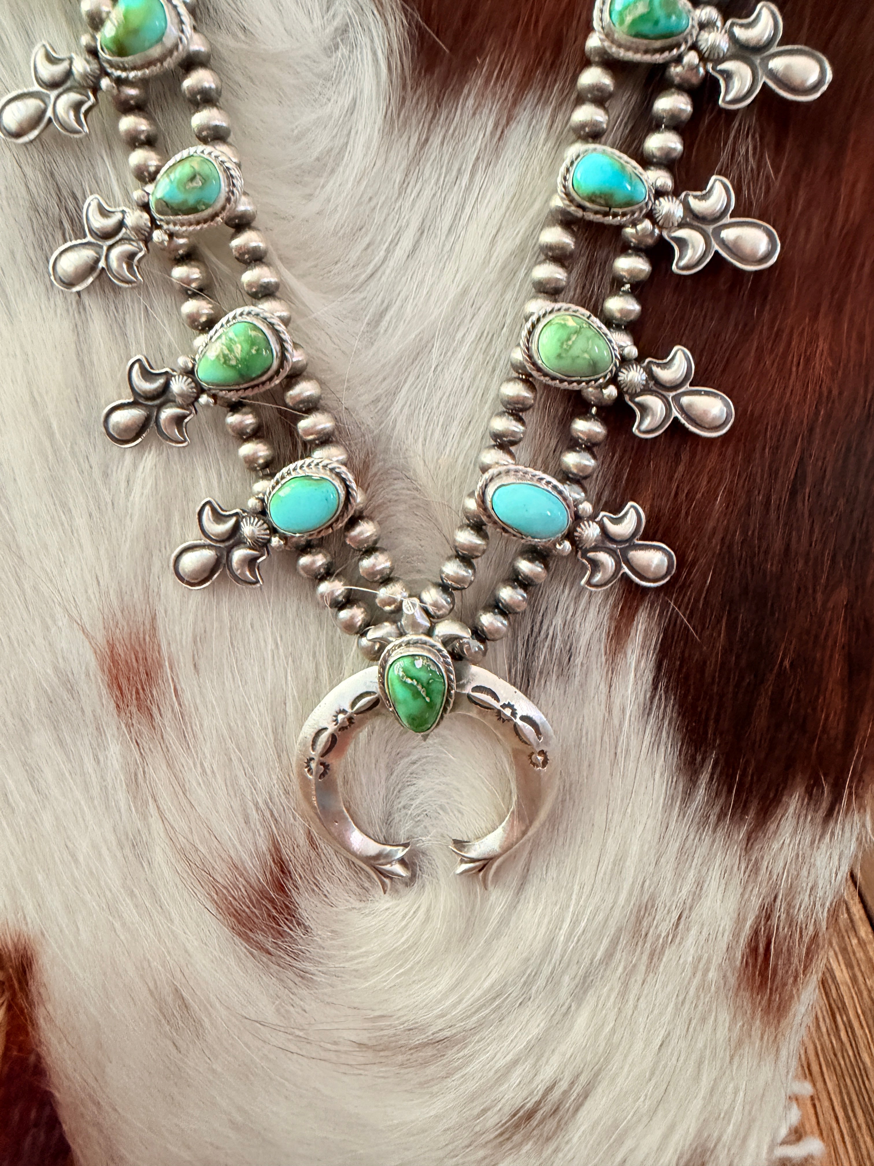 Handcrafted Sonoran Mountain Turquoise & Sterling Silver Beaded Squash Blossom Necklace by Adrienne Gordon