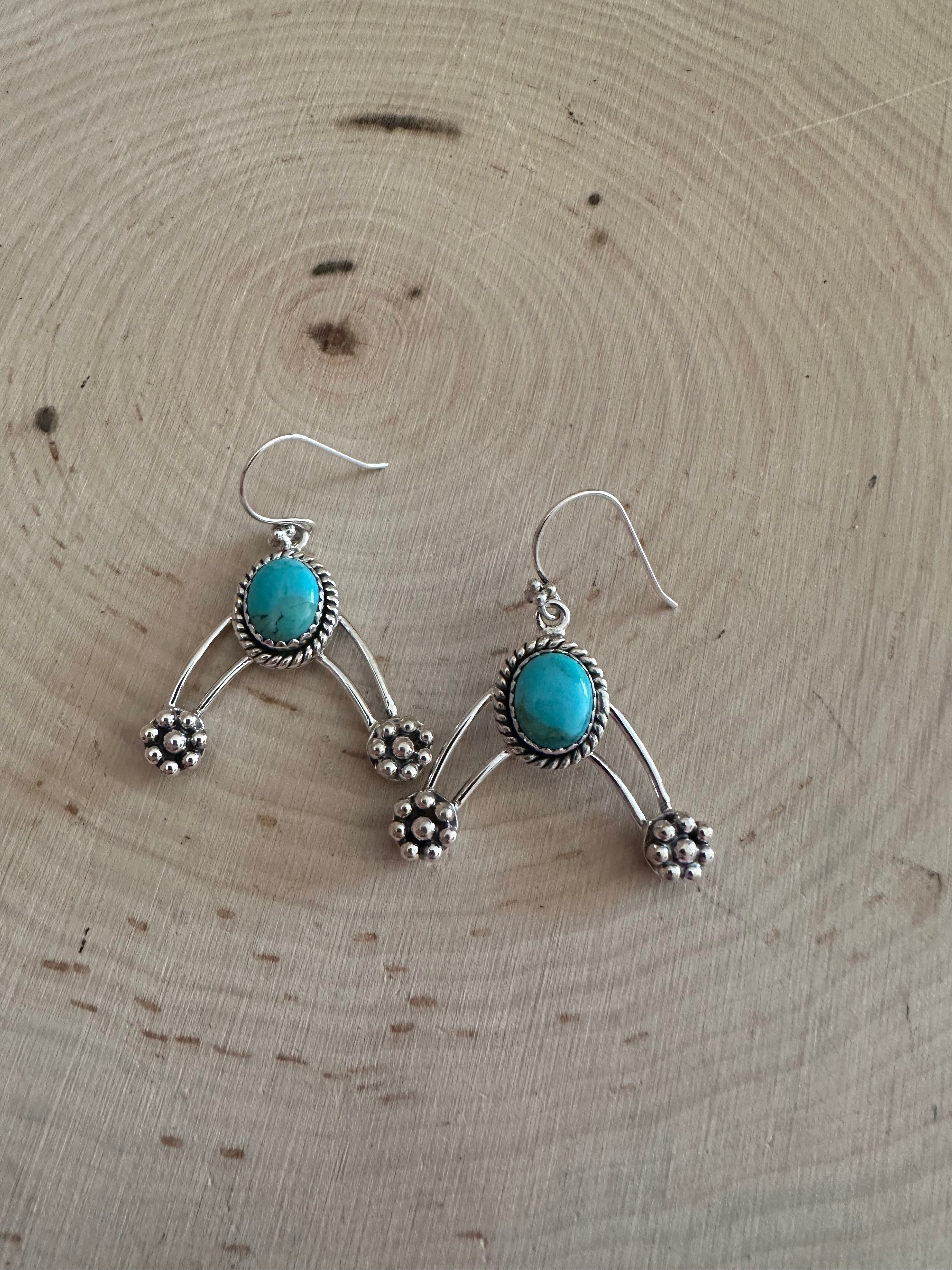 Gorgeous Natural Turquoise and Sterling Silver Wire Dangles Signed Nizhoni