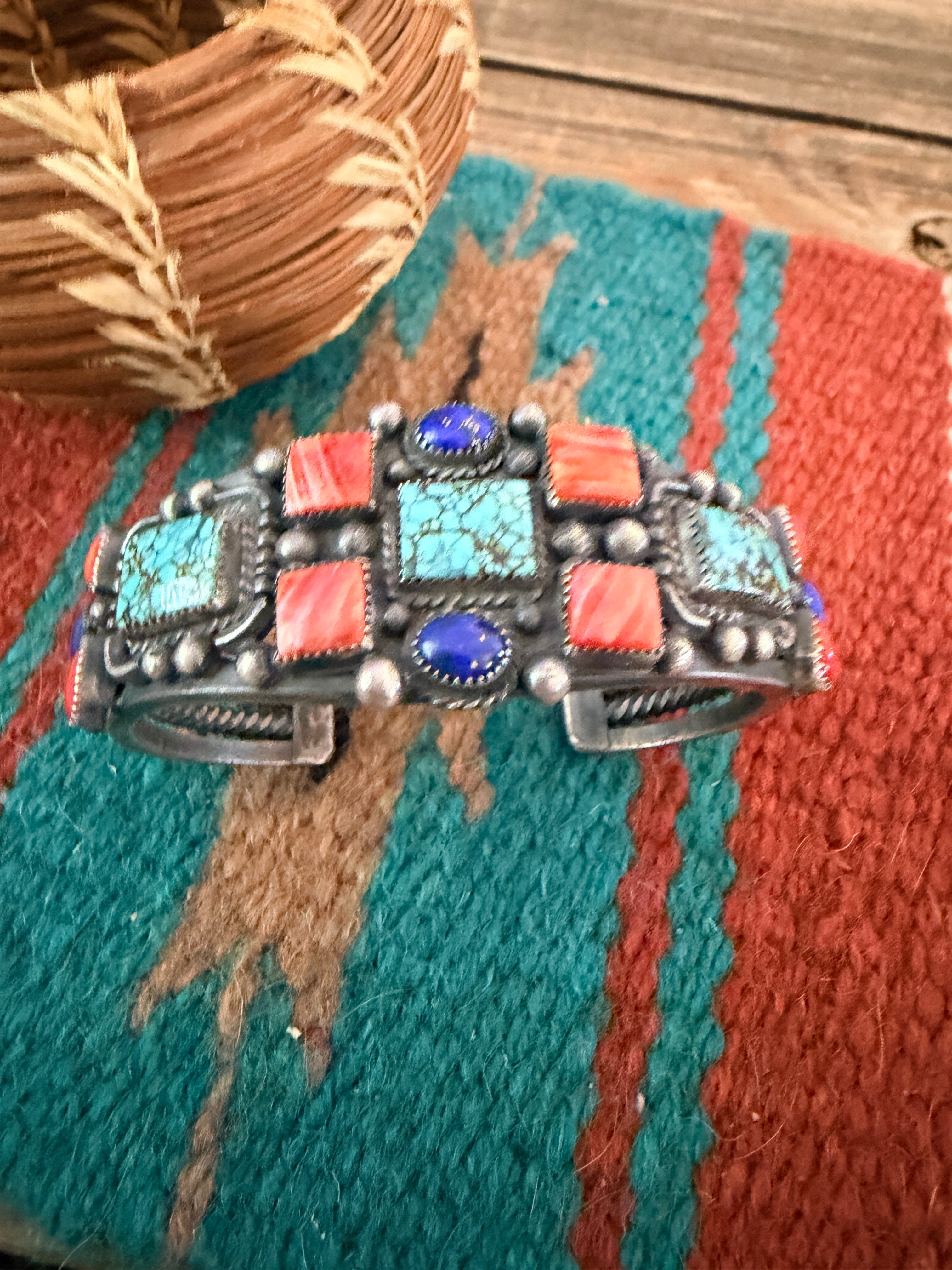 Handcrafted Old Pawn Sterling Silver & Multi Stone Cuff Bracelet