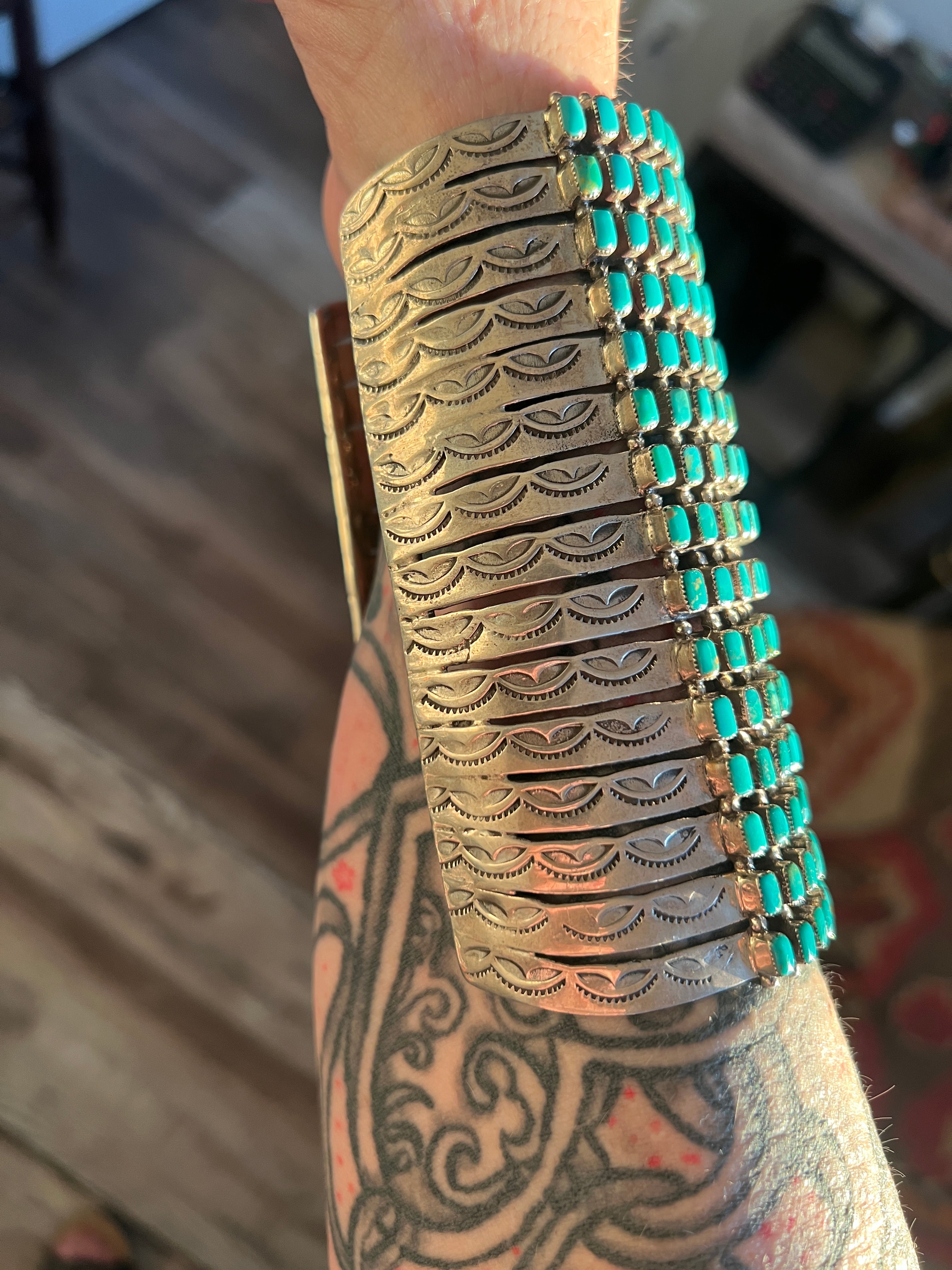 Handcrafted Epic Made 15 Row Sterling Silver and Turquoise Gauntlet Style Cuff Bracelet /