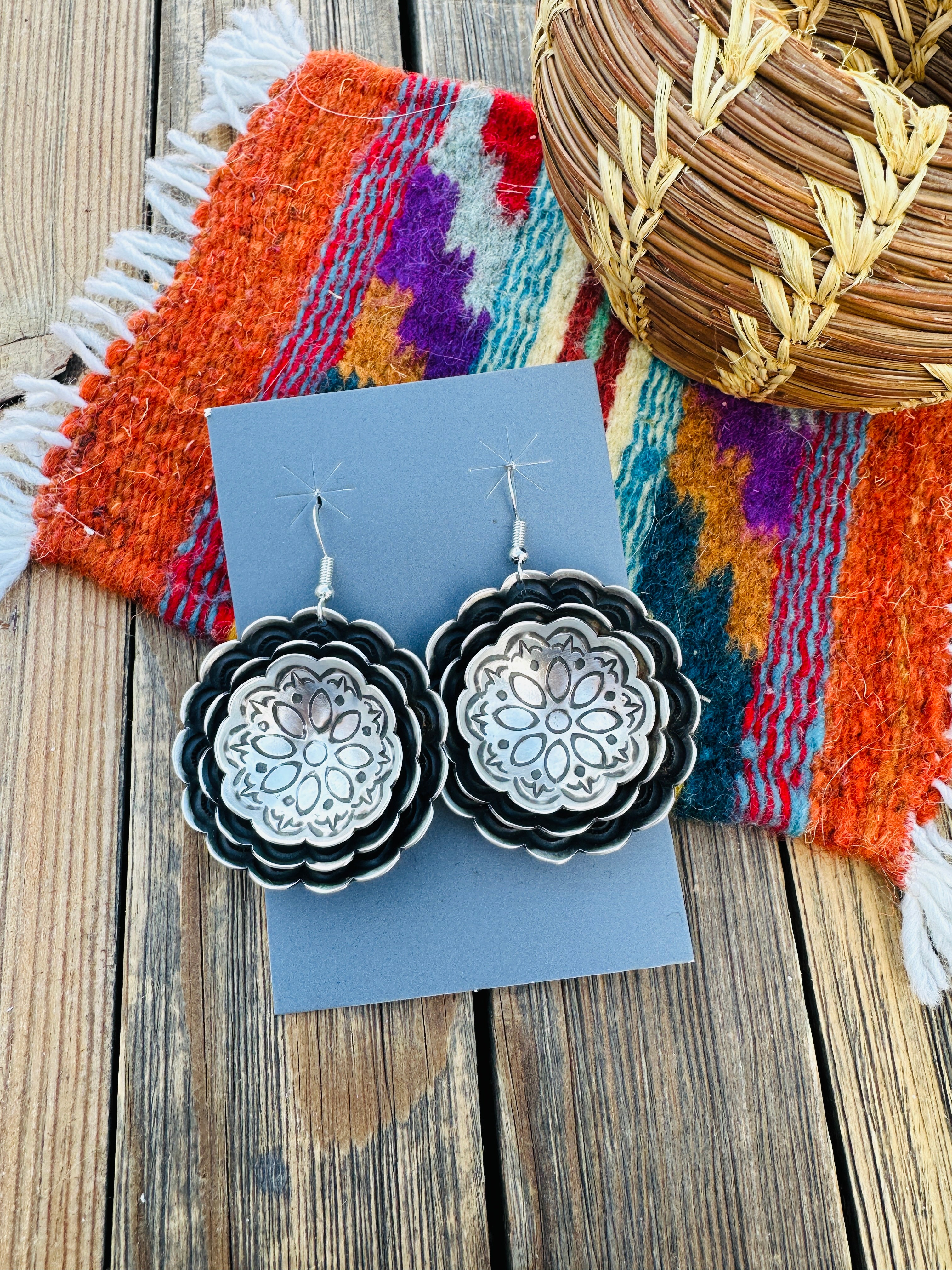 Handcrafted Sterling Silver Concho Dangle Earrings by Leander Tahe