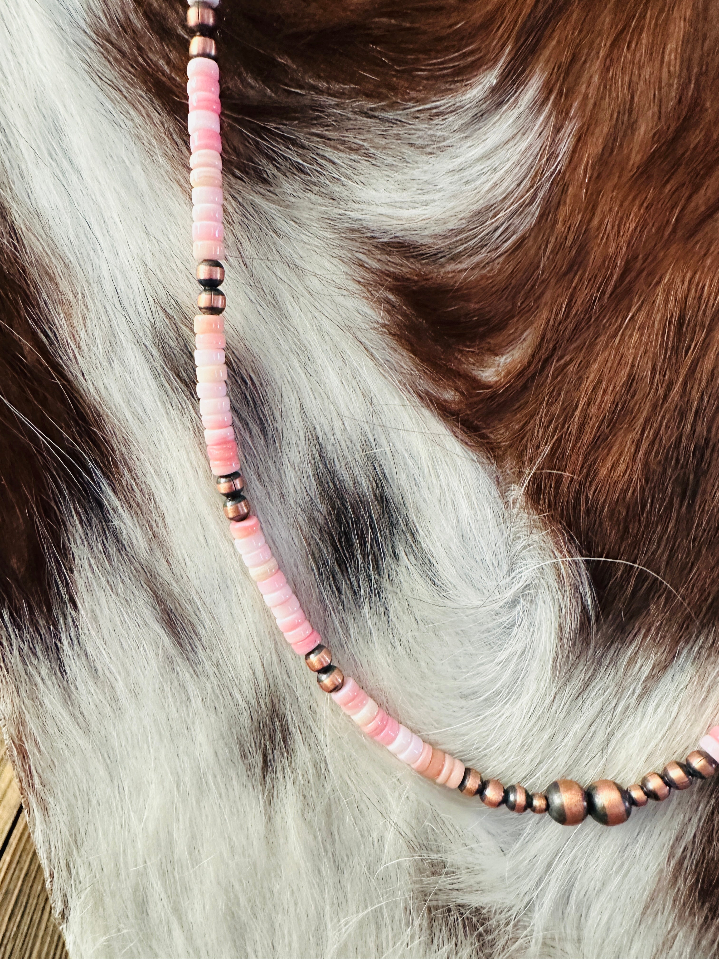 Handcrafted Queen Pink Conch & Copper 16” Beaded Necklace