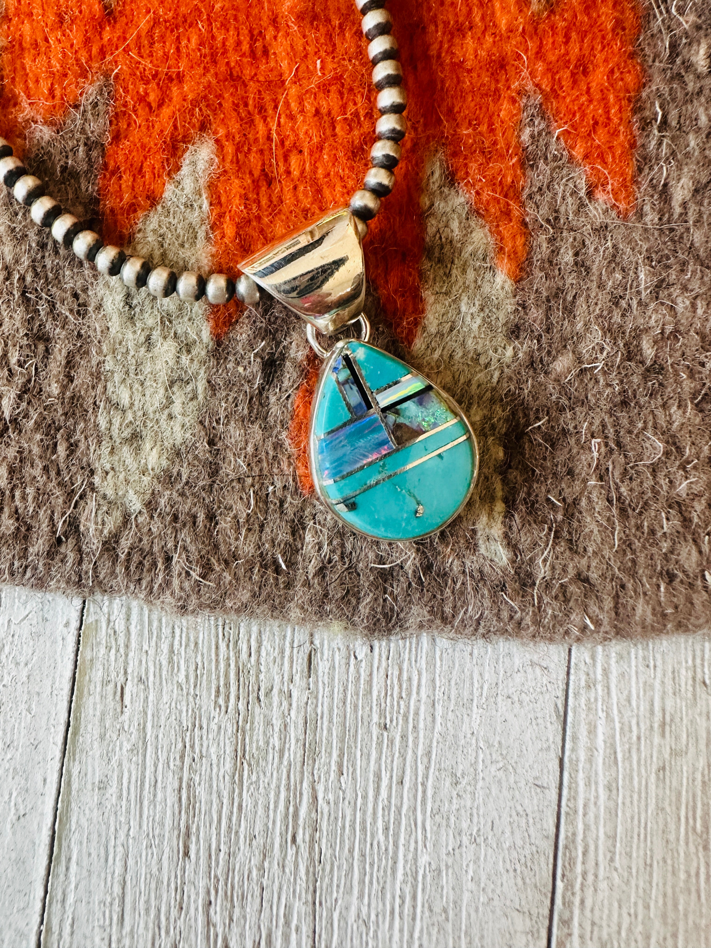 Navajo Multi Stone & Sterling Silver Inlay Teardrop Pendant