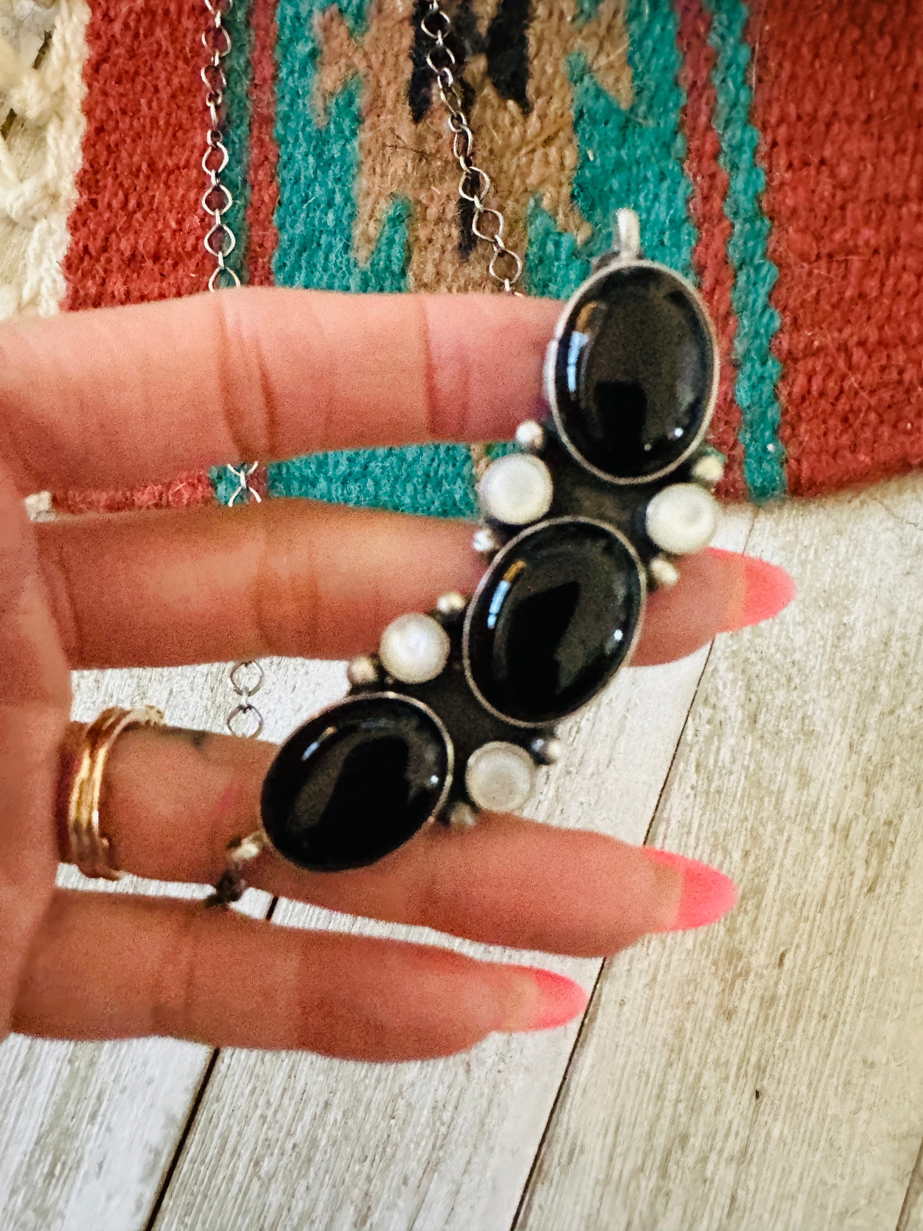 Handcrafted Black Onyx, Mother of Pearl & Sterling Silver Necklace