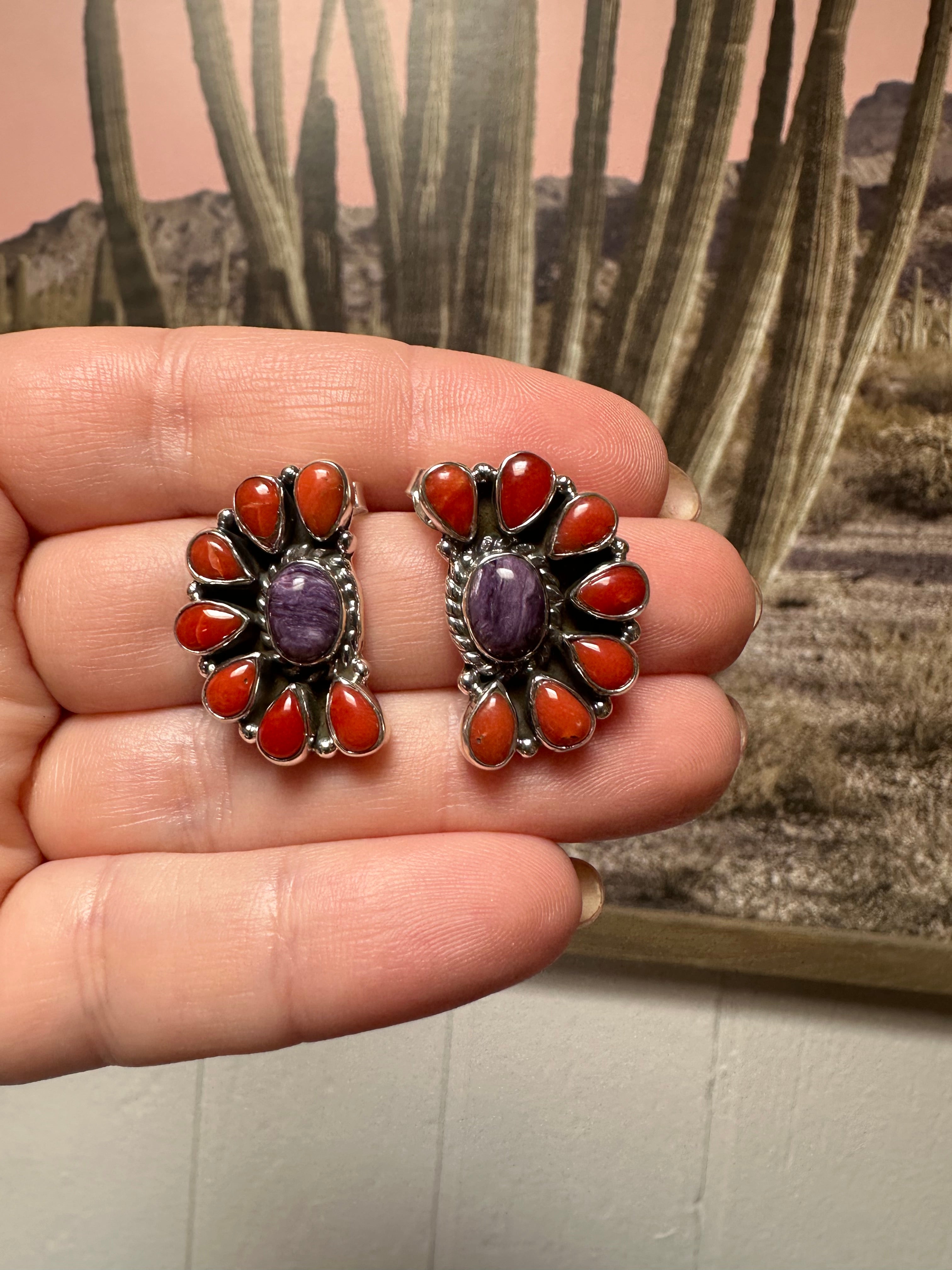 Handmade Coral, Purple Spiny and Sterling Silver Post Earrings Signed Nizhoni