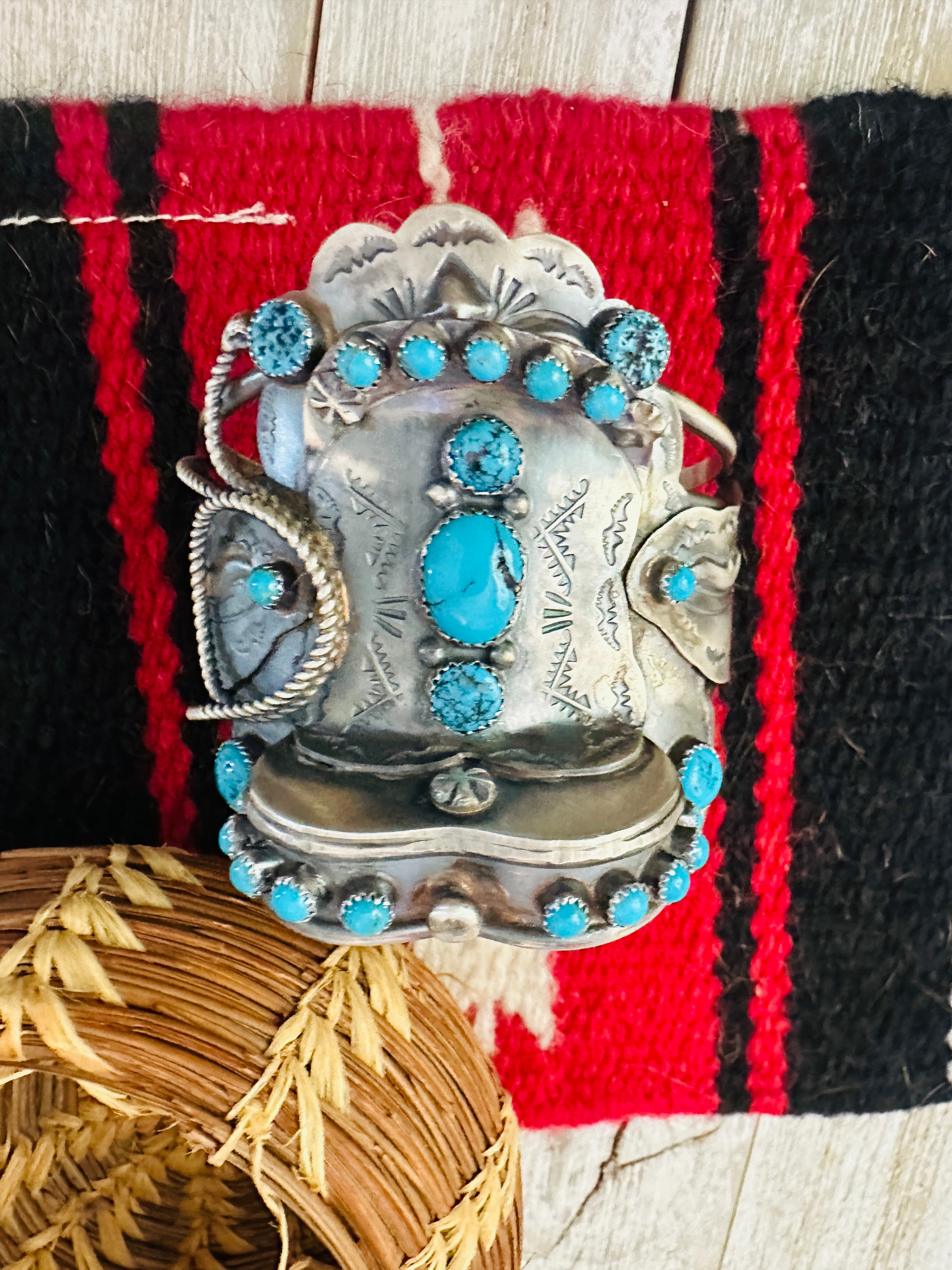 Handcrafted Turquoise & Sterling Silver Saddle Cuff Bracelet by Tim Yazzie