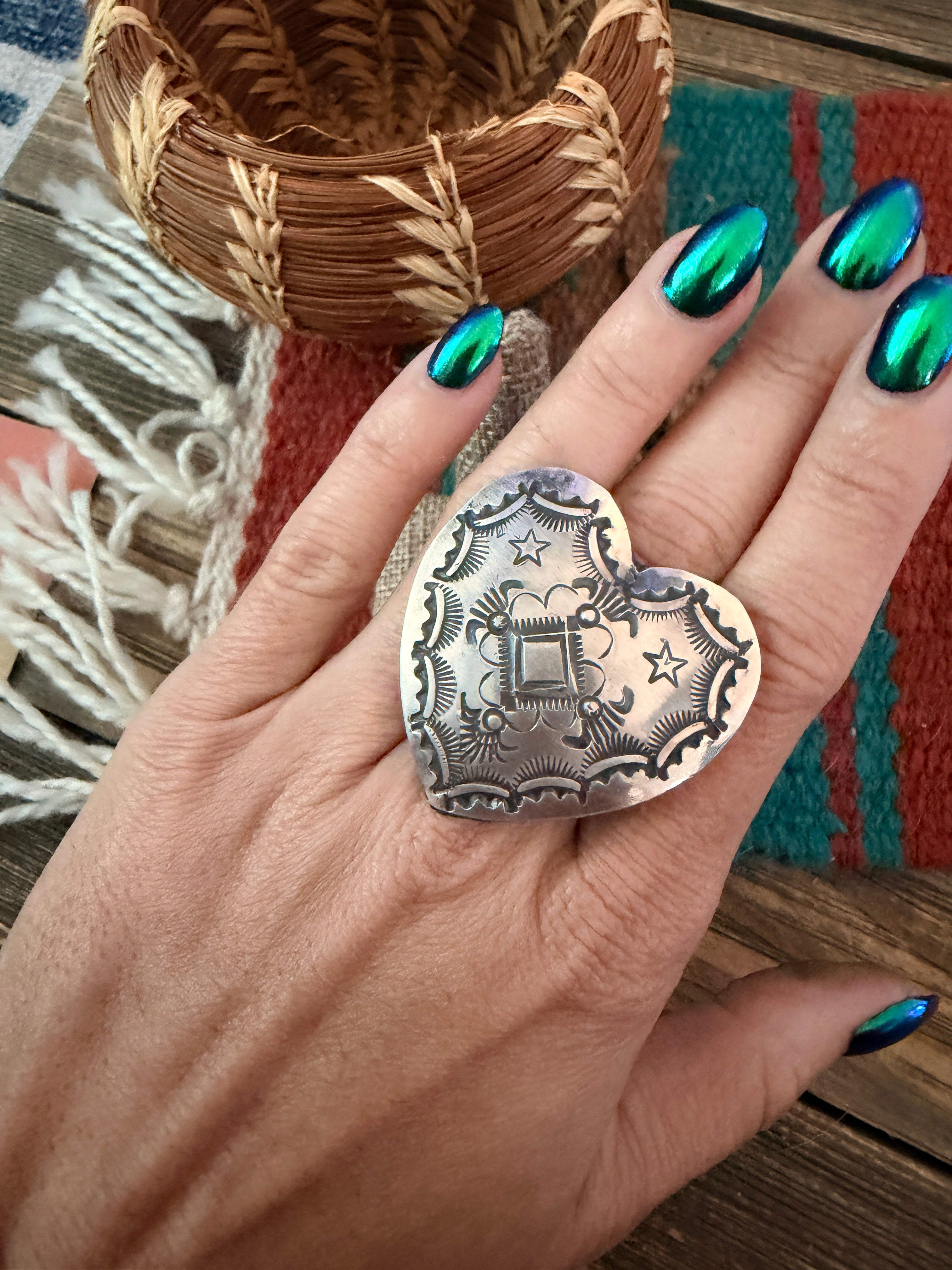 Handcrafted Sterling Silver Adjustable Heart Concho Ring by Vincent Platero