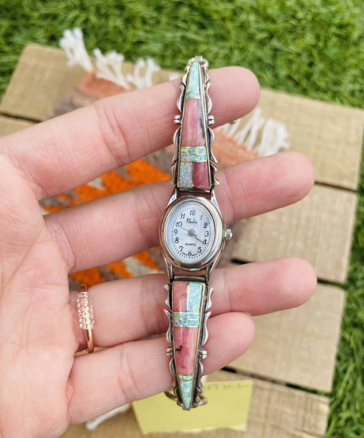 Old Pawn Vintage Navajo Pink Coral, Opal & Sterling Silver Inlay Watch