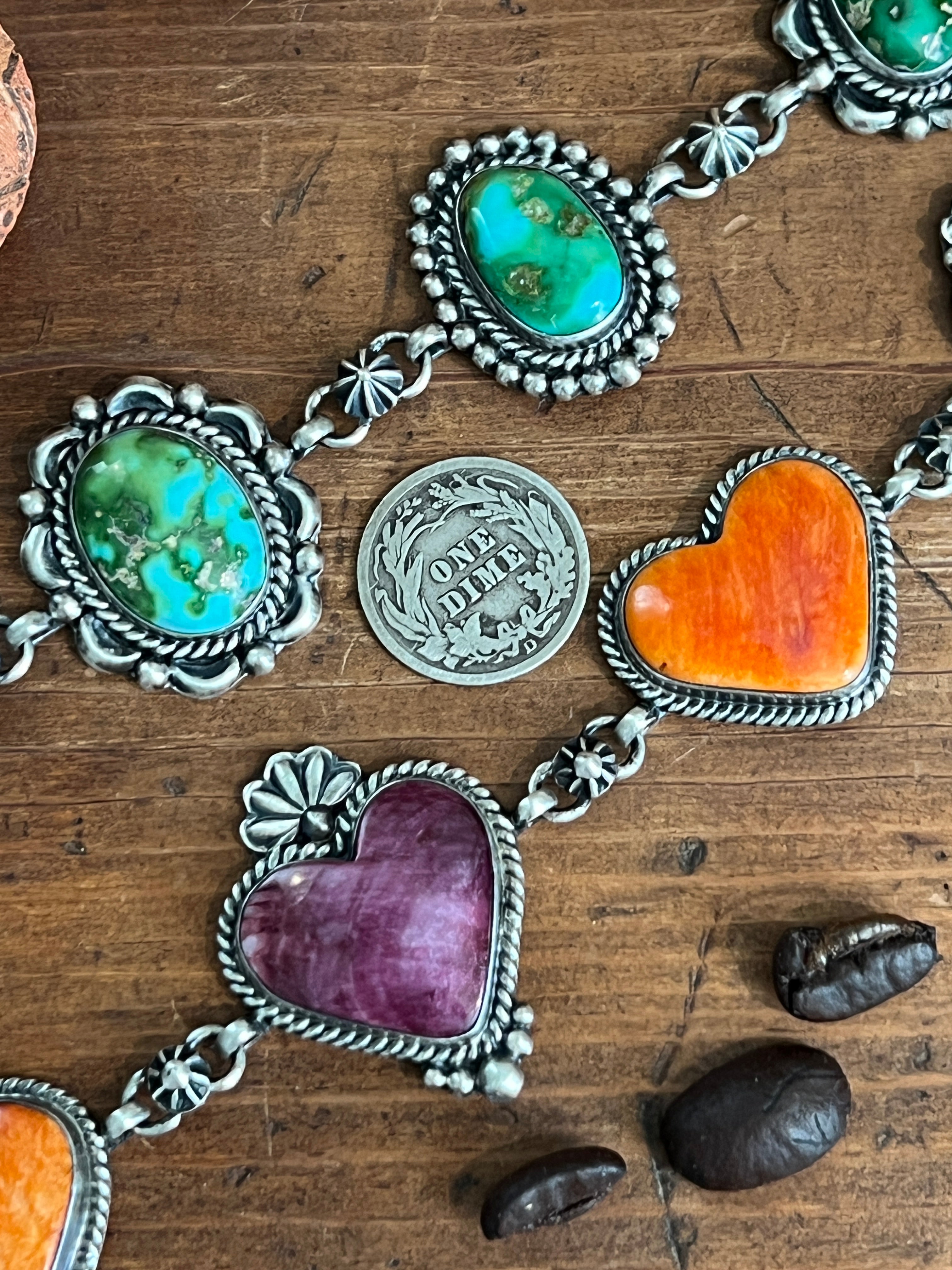 Diane Wylie Handcrafted Sterling Silver, Spiny Oyster & Turquoise Link Bracelets