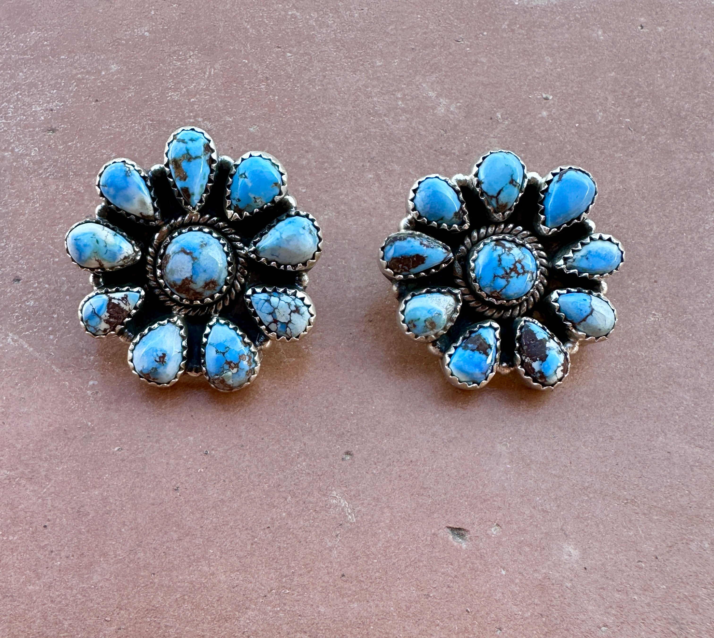 Handmade Golden Hills Turquoise & Sterling Silver Cluster Post Earrings 9 stone