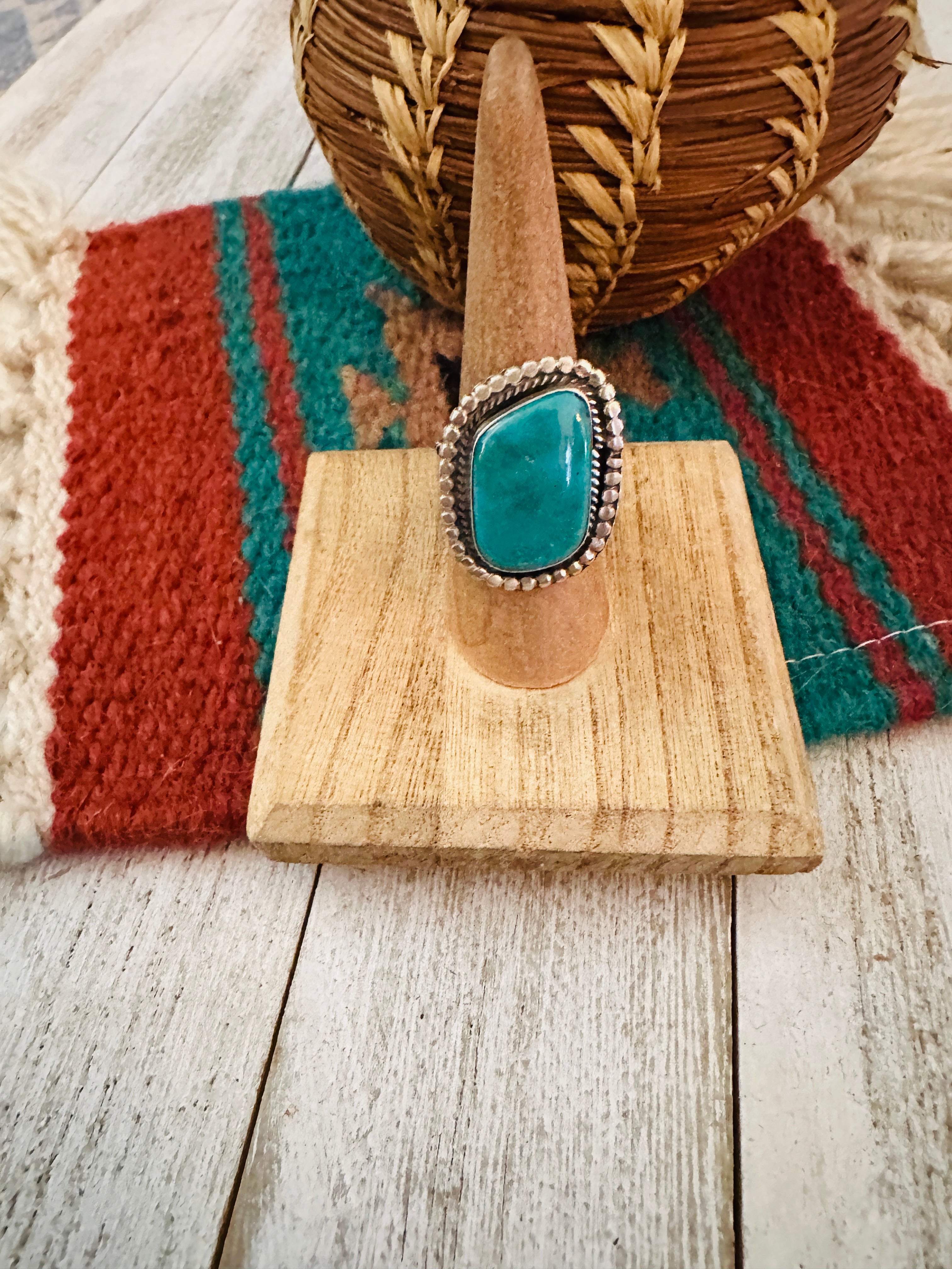 Navajo Sterling Silver & Kingman Turquoise Ring Size 7.5