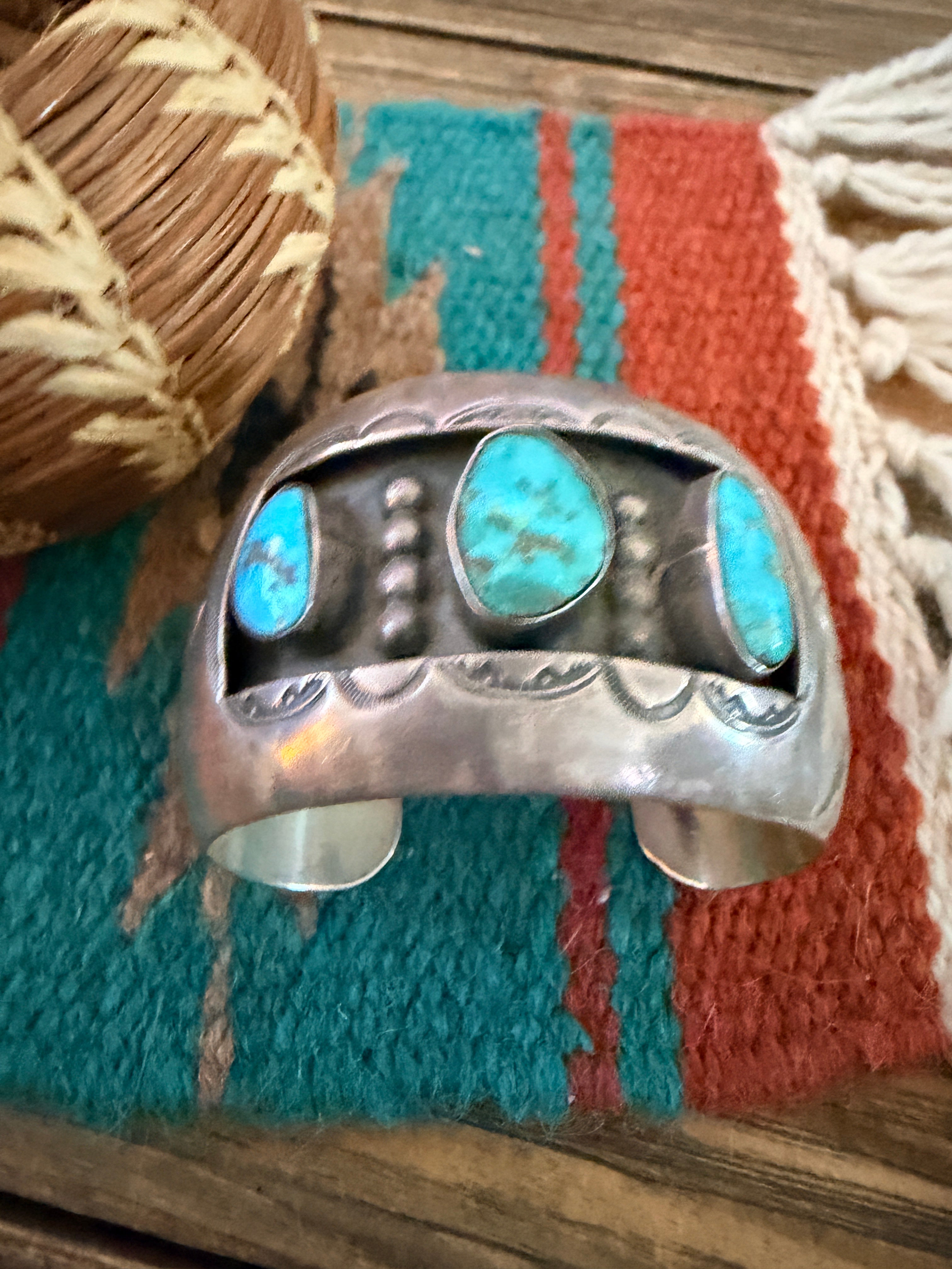 Handcrafted Old Pawn Sterling Silver & Multi Turquoise Shadowbox Cuff Bracelet