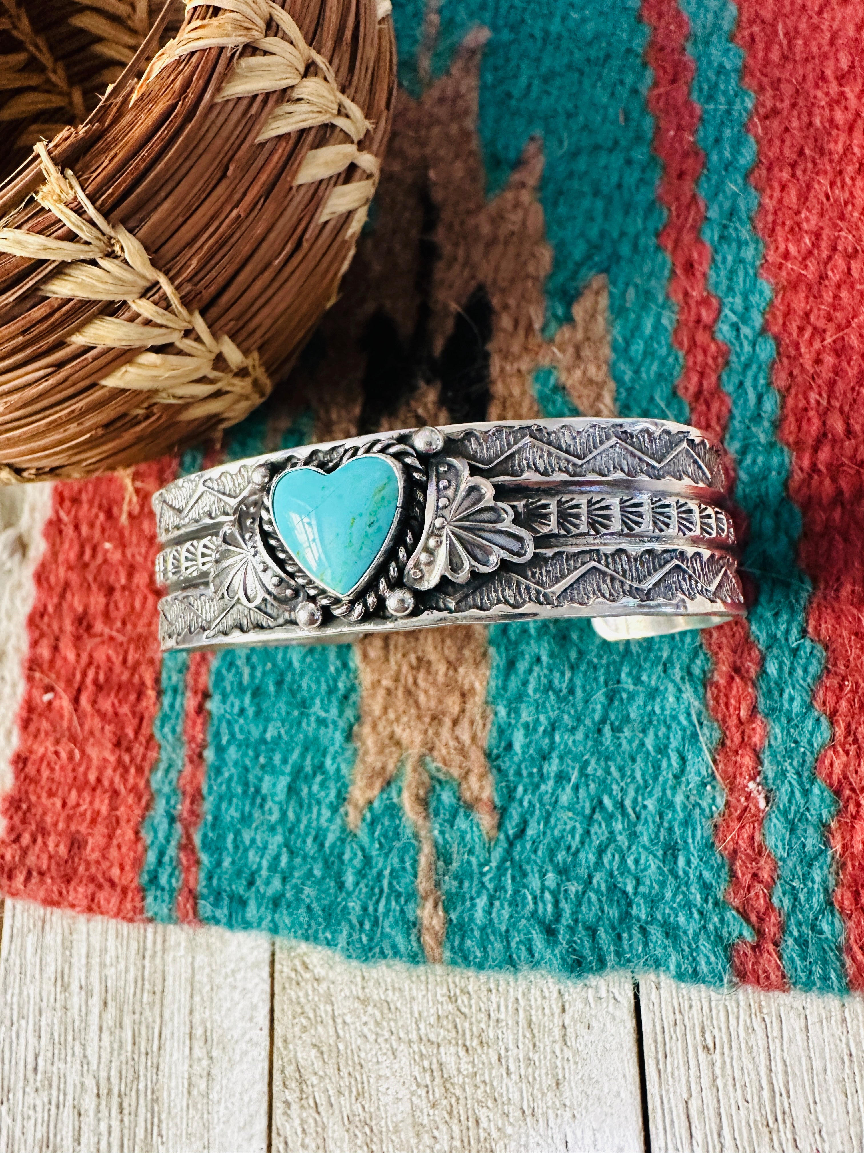 Handcrafted Turquoise & Sterling Silver Heart Cuff Bracelet by Sunshine Reeves